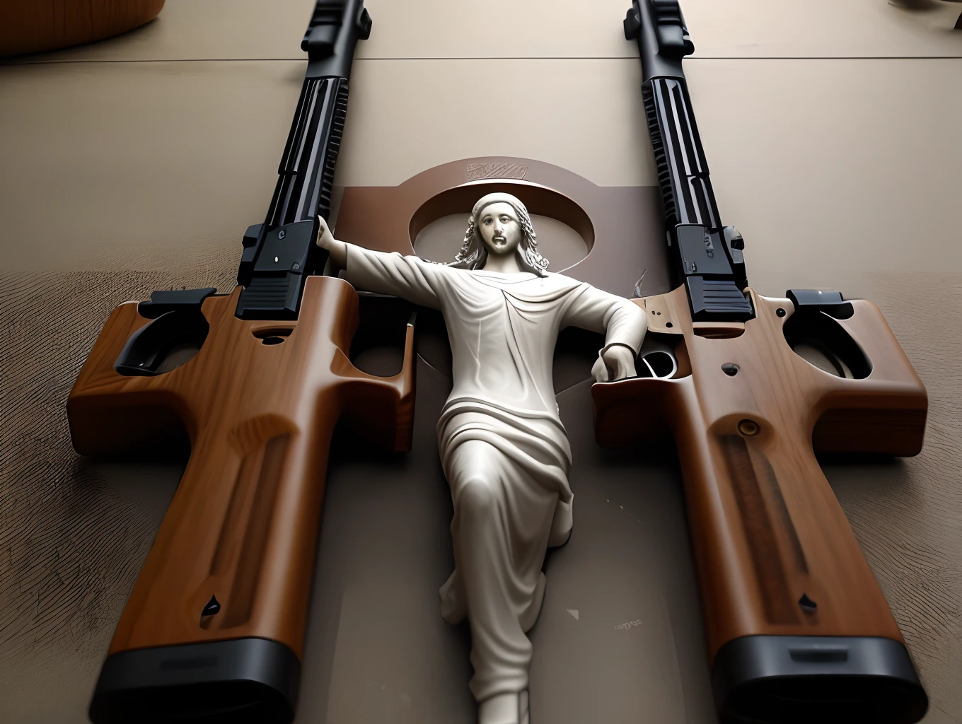 Different firearms combined together to create jesus on the cross