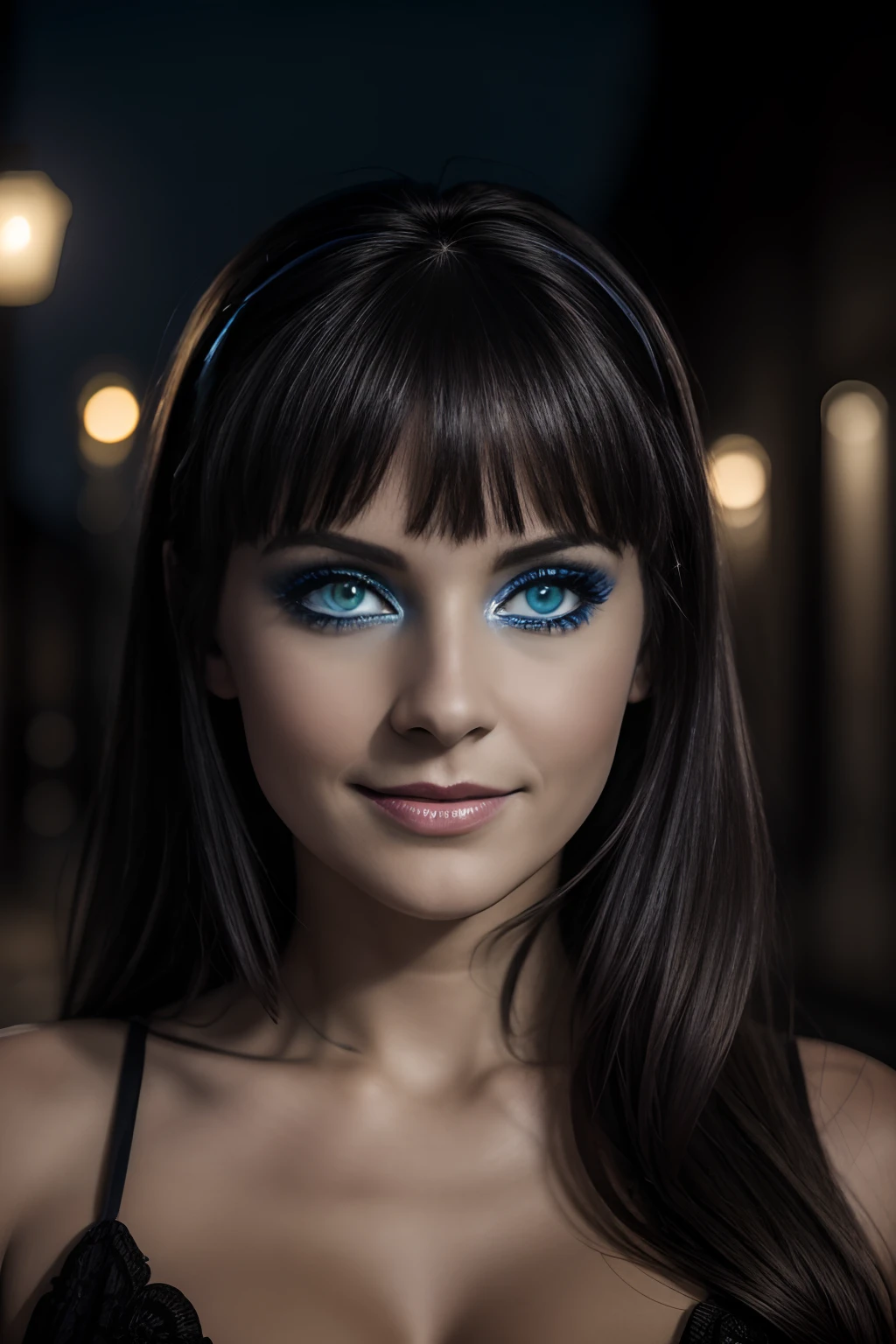 (Selfie, plan: 1.4), (Right half of the body: 1.4), RAW UHD portrait photo of a 24-year-old woman (Femme aux yeux bleus) marcher dans une ruelle sombre, Halloween Costume, Ville la nuit, (rocher), (encolure), specifics (tissu! , cheveux! , briller, couleur!! , disadvantages: 1.1), Bright eyes with a high level of detail (staring into the camera), SLR lighting, Appareil photo reflex mono-objectif, ultra quality, re sharpness, profondeur de champ, Filmkorn (milieu), Fujifilm XT3, Limpide, Rahmenmitte, beau visage, mise au point nette, street lamp, Neonbeleuchtung, Bokeh (dimly lit), Nuit, (Ciel nocturne), detailed skin pores, peau grasse, coup de soleil, Intricate eye details, corps entier entier, gros seins, souriante, flirts with the camera, Dressed in a halloween costume, photo Halloween, maquillage halloween, sourire