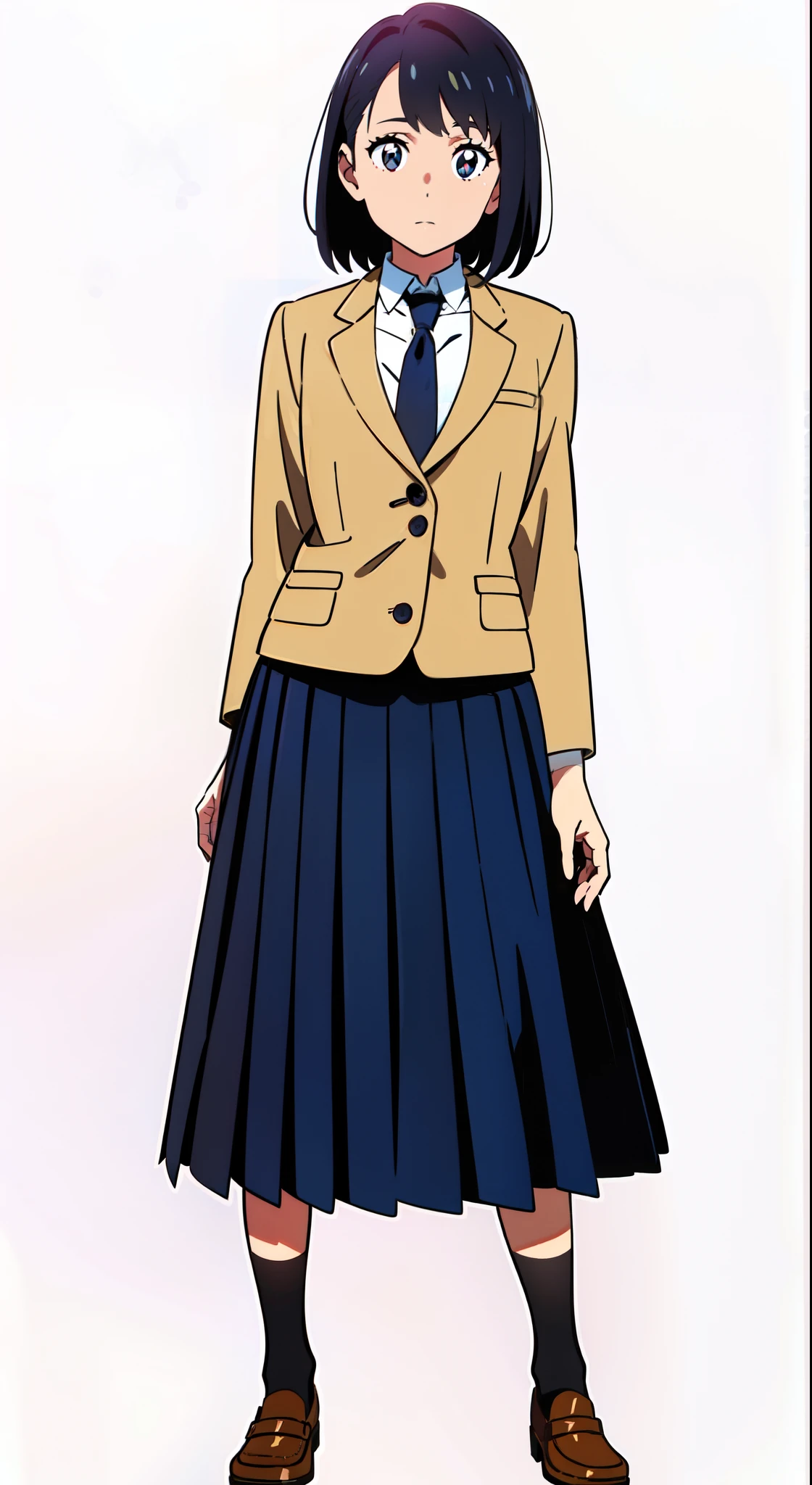 (white background:1.0), (best quality:1.0), (masterpiece:1.0), (full body:1.2), (solo:1.0), (1 cute girl:1.0), (long skirt:1.0), (dark blue skirt:1.0), (pleated skirt:1.0), (school uniform beige blazer:1.0), (dark blue necktie:1.0), (black socks:1.0), (loafers:1.0), (tall:1.0), (slender:1.0), (small breasts:1.0), (detailed beautiful eyes:1.0), (detailed beautiful face:1.0), (glowing black eyes:1.0), (short hair:1.0), (strait hair:1.0), (black hair:1.0)