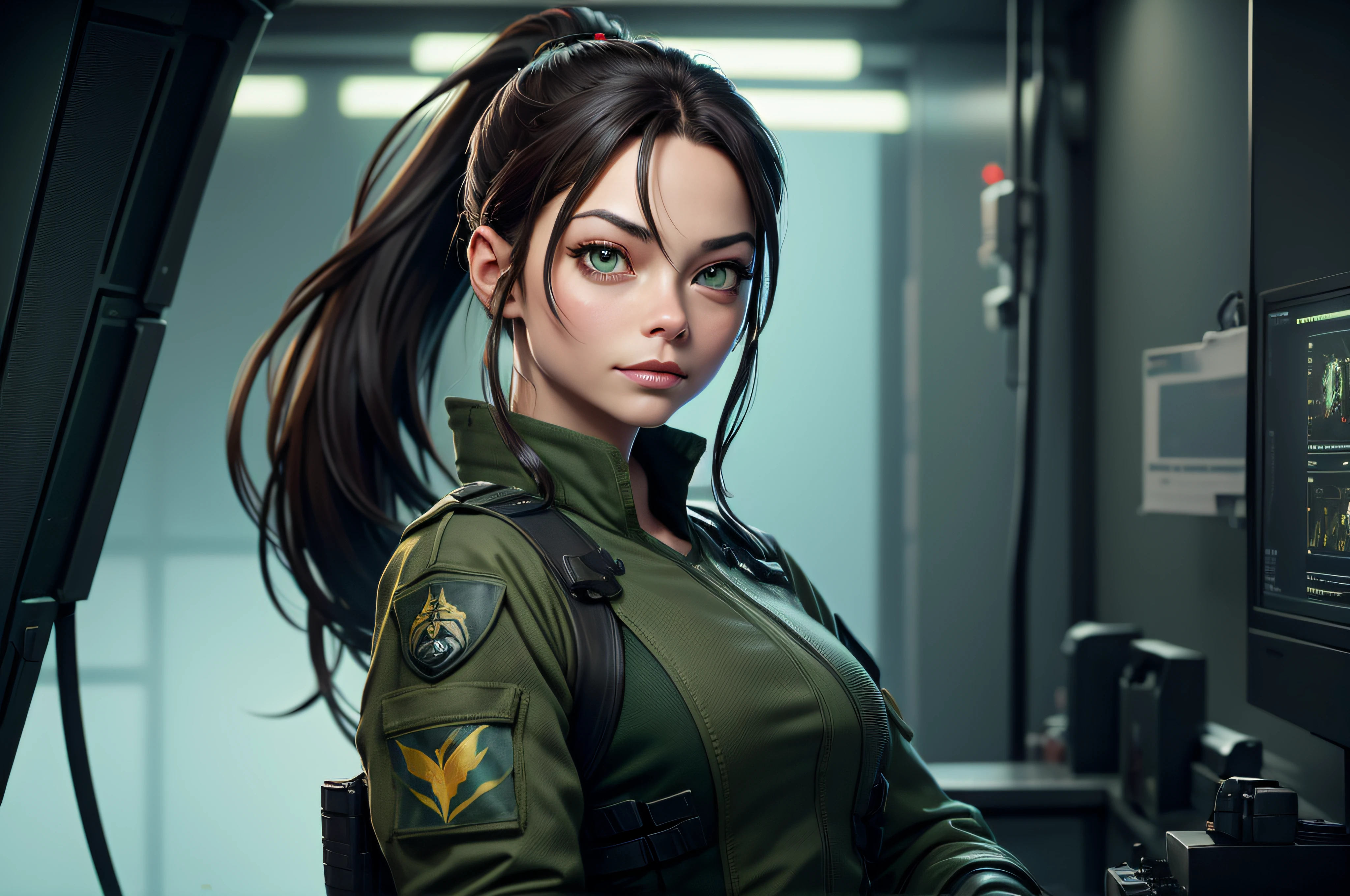Kristin Kreuk with a ponytail and green eyes as a Soldats de l’armée de science-fiction, Cyberpunk, corps entier, 8k, cinematic, couleur camouflage