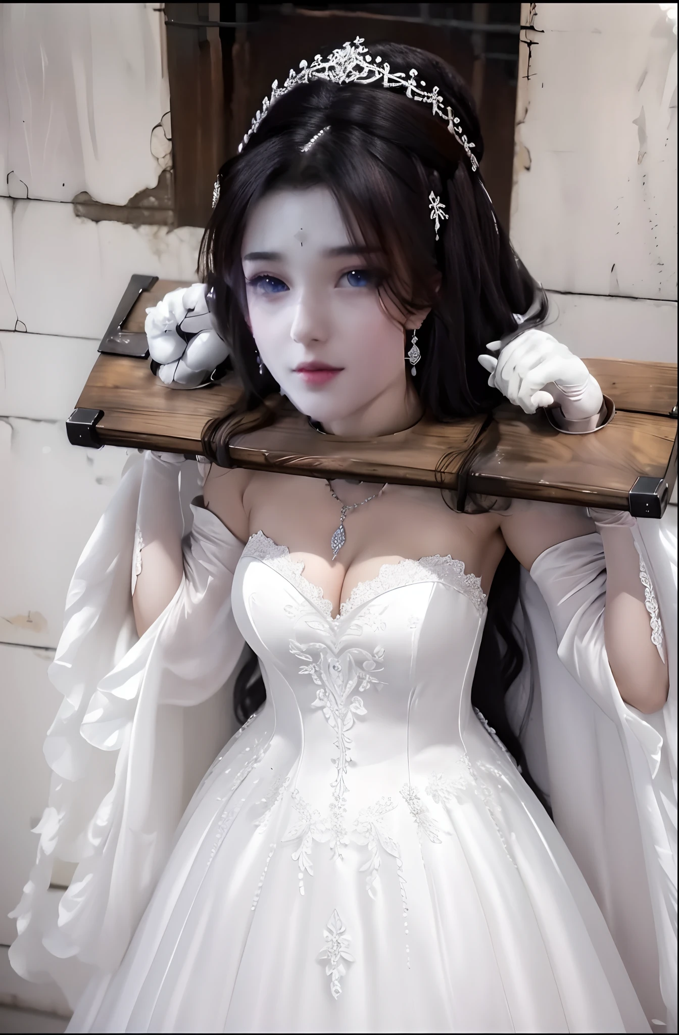 Close-up of a beautiful bride in a beautiful wedding dress, Gurvetz,( pillory:1.5), Flail on the head, Flail on the hands, Flail,(Bridal veil: 1.5), (Short transparent veil: 1.5), Flushed face, Head flower, head gear, (Tubular wedding dress: 1.5), (Silk dress: 1.2 ), (Strapless wedding dress: 1.5), Pure white dress, necklace, Earrings, (Huge breasts: 1.3), Deep V heart collar wedding dress, bangs, lipstick, (Lace gloves: 1.3), Full body photo, High detail RAW color art, a white long skirt, Whole body, with hands behind her back, and floor-length skirts,