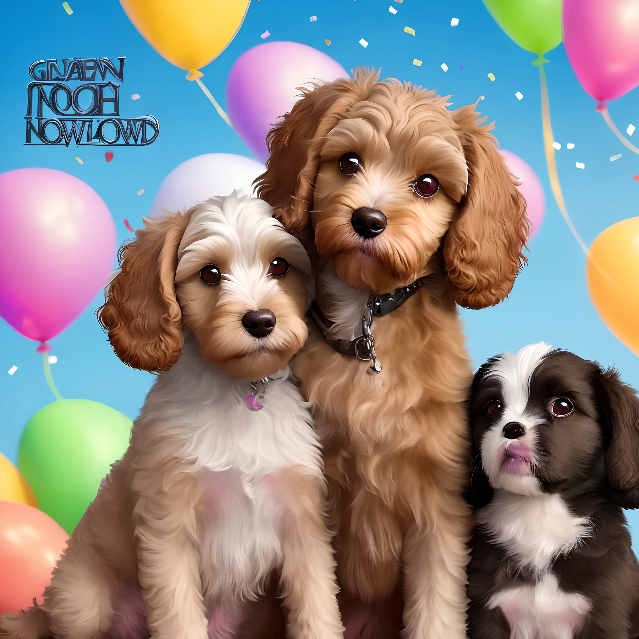 a disney pixar inspired movie poster with the title “700 Followers!! A big thank you all from Gwen” a female redish brown shaved cavapoo puppy with brown eyes and a white blaze on her chest. the scene should be in the distinct digital art style of Pixar with balloons and confetti with a focus on character expressions, vibrant colours, and detailed textures that are characteristic of their animations.