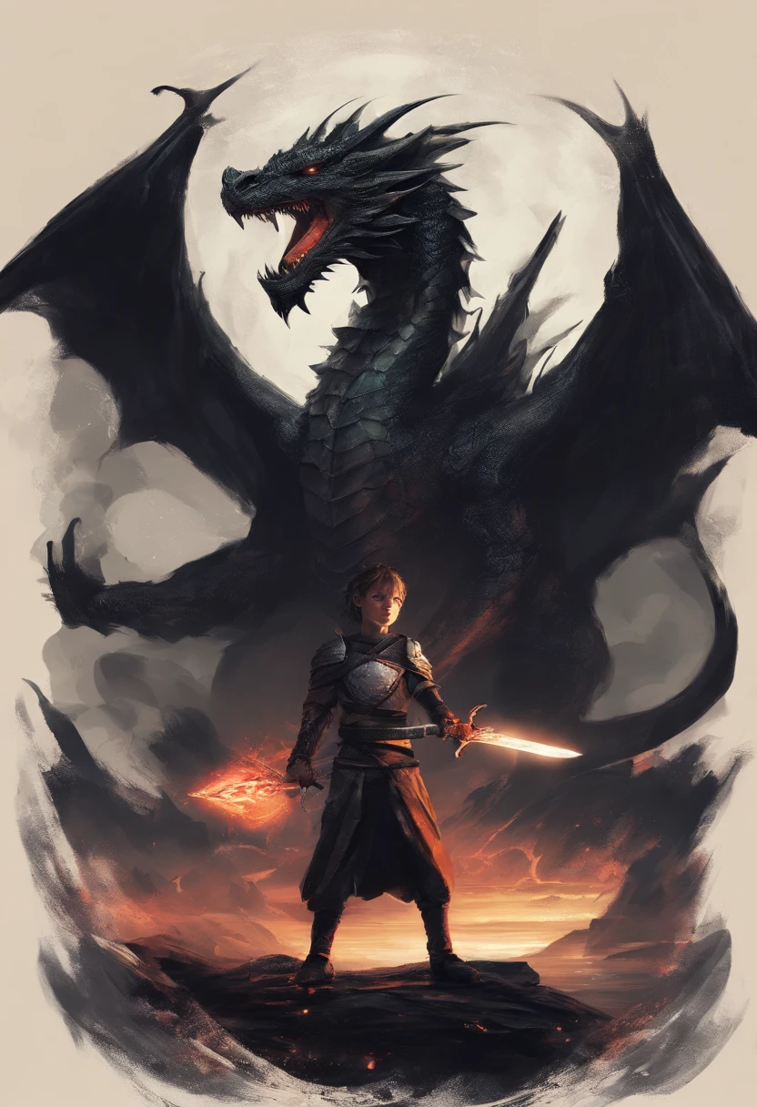 mythology, dragon slayer 12 year old boy and girl with swords, dressed in black, dragon in background