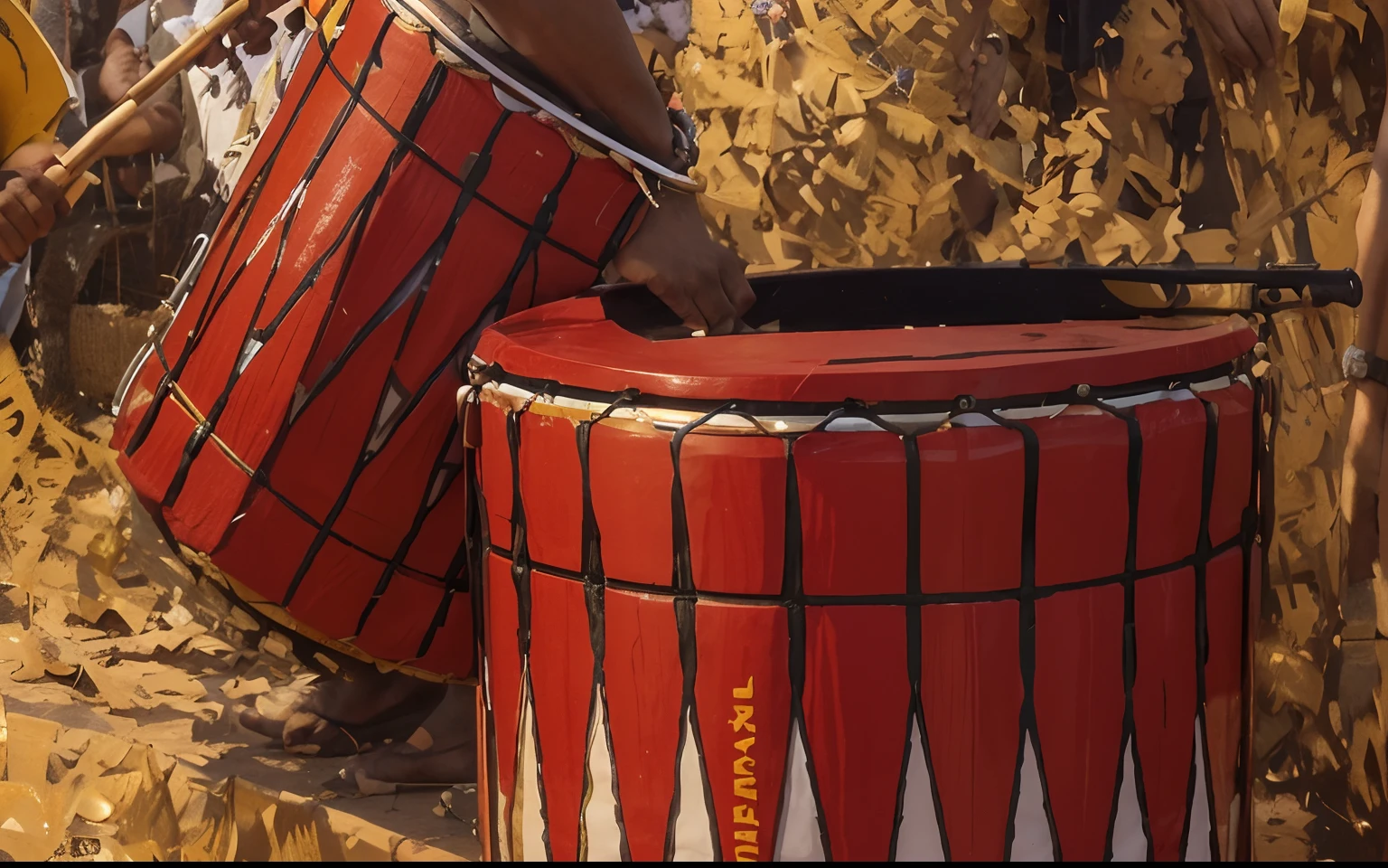 Create an ultra-realistic, large-scale photograph that captures the image of a man richly decorated in the traditional colors of Angola, playing a drum, a musical instrument of great importance in the local culture. Record the moment when the musician is immersed in the performance, highlighting the details of his clothing and the expression on his face. Around him include a group of spectators, black adults and children, watching with awe and excitement. Use bright, rich colors that represent the culture of Angola to create an image that celebrates music, tradition and community.