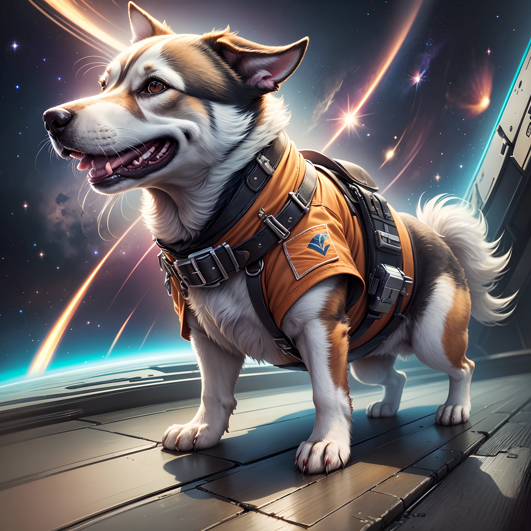 Create a vision of the future where dogs are travel companions on intergalactic spaceships, com trajes espaciais e interagindo com seres de outros planetas --auto --s2