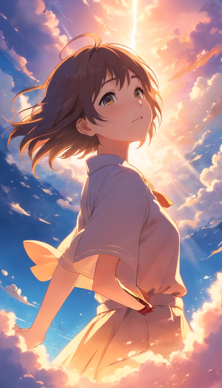 masterpiece, best quality, movie still, 1girl, cloud girl, floating in the sky, close-up, bright, happy, warm soft lighting, sunset, (sparks:0.7)