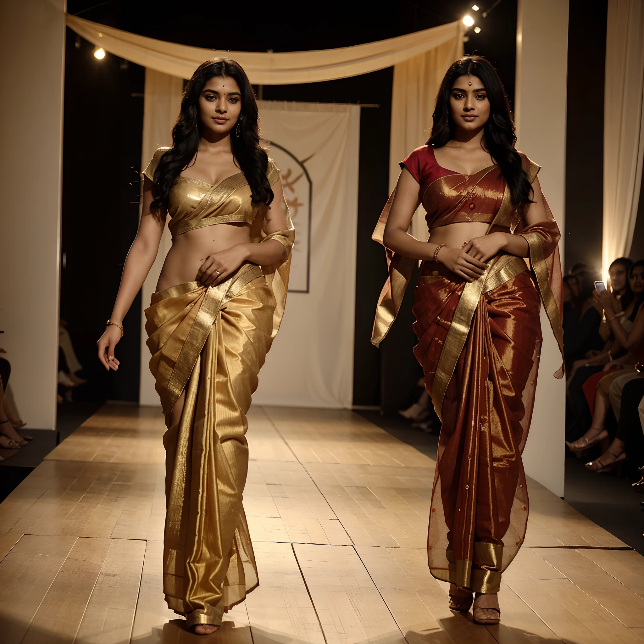 A young Indian lady in a saree walks down the ramp, her beauty mesmerizing the audience. Her saree is a vibrant shade of red, with intricate golden embroidery. It drapes her body perfectly, accentuating her curves and making her look like a goddess.
Her hair is long and black, and it flows down her back in shiny waves. Her eyes are large and expressive, and her lips are curved into a subtle smile. She walks with confidence and grace, and her presence on the ramp is truly electrifying.
The audience watches in awe as she walks past them, her saree flowing behind her like a river of fire. She is the epitome of Indian beauty, and her presence on the ramp is a sight to behold.