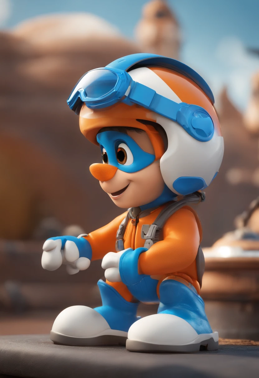 There's a cartoon character who's wearing a helmet and goggles, botas e luvas laranja, Her jumpsuit is blue with white accents. Electrical and Plumbing Mascot. Mascote corpo inteiro, 3D estilo disney
