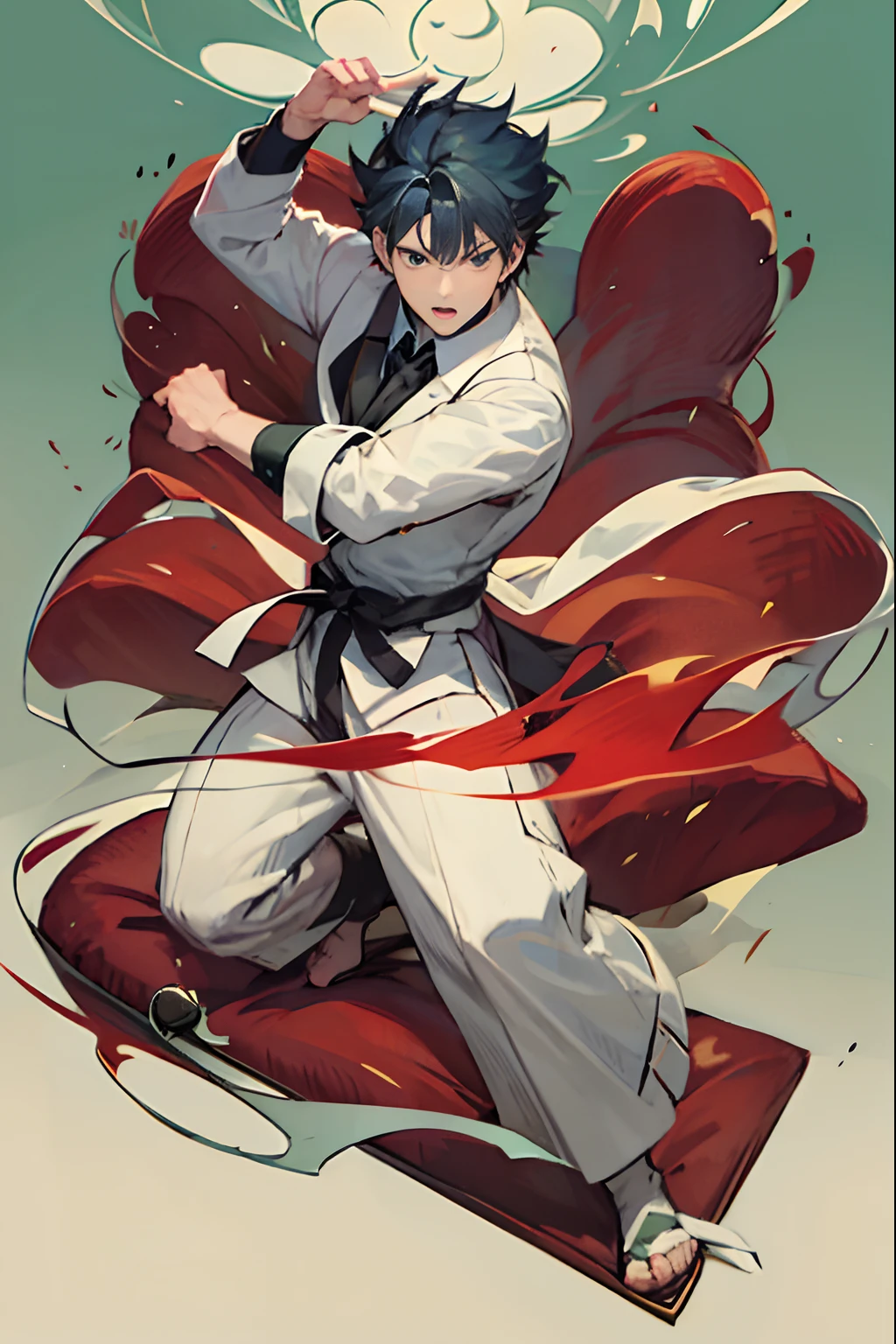 male character dressed in a suit and tie with cards flying around, magician, karate kenpo pose, full body