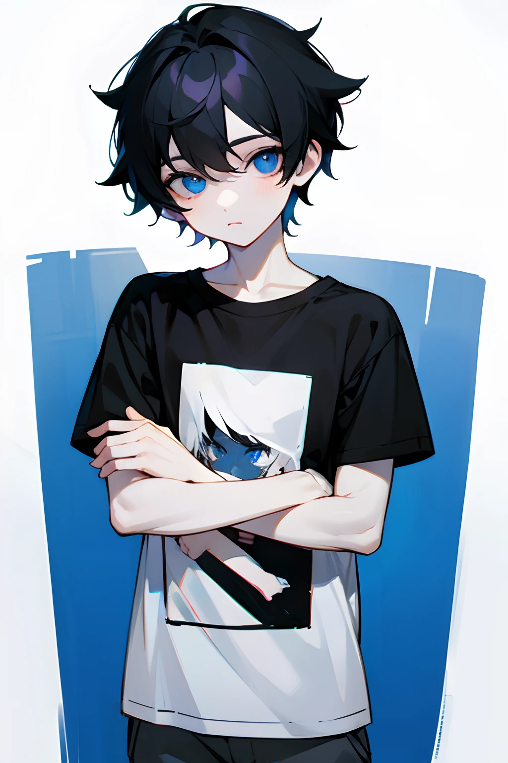 **********, black hair, blue eyes, pale skin, cute, black t-shirt, casual clothing