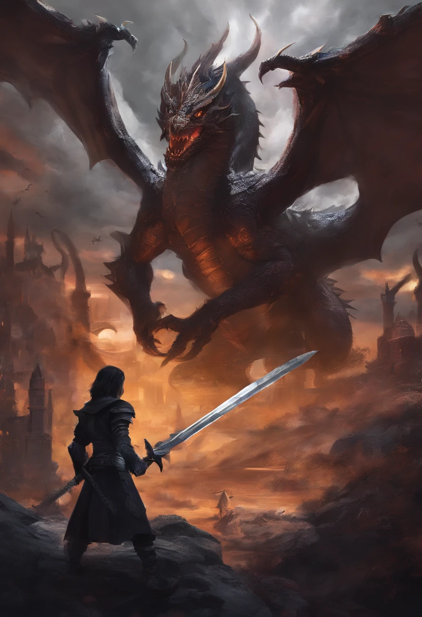 In this intense scene, a fearless medieval warrior faces off against a red dragon, while the castle in the background burns to the ground. The warrior's golden armor reflects courage and spirituality as he prepares for confrontation. The atmosphere is charged with tension and heroism