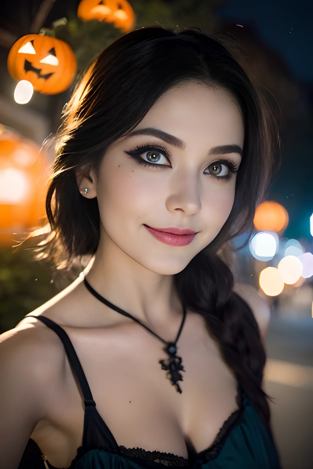 (Selfie, plan: 1.4), (Right half of the body: 1.4), RAW UHD portrait photo of a 24-year-old woman (Femme aux yeux bleus) marcher dans une ruelle sombre, Halloween Costume, Ville la nuit, (rocher), (encolure), specifics (tissu! , cheveux! , briller, couleur!! , disadvantages: 1.1), Bright eyes with a high level of detail (staring into the camera), SLR lighting, Appareil photo reflex mono-objectif, ultra quality, re sharpness, profondeur de champ, Filmkorn (milieu), Fujifilm XT3, Limpide, Rahmenmitte, beau visage, mise au point nette, street lamp, Neonbeleuchtung, Bokeh (dimly lit), Nuit, (Ciel nocturne), detailed skin pores, peau grasse, coup de soleil, Complex Eyes Details, corps entier entier, gros seins, souriante, flirts with the camera, Dressed in a halloween costume, photo Halloween, maquillage halloween, sourire