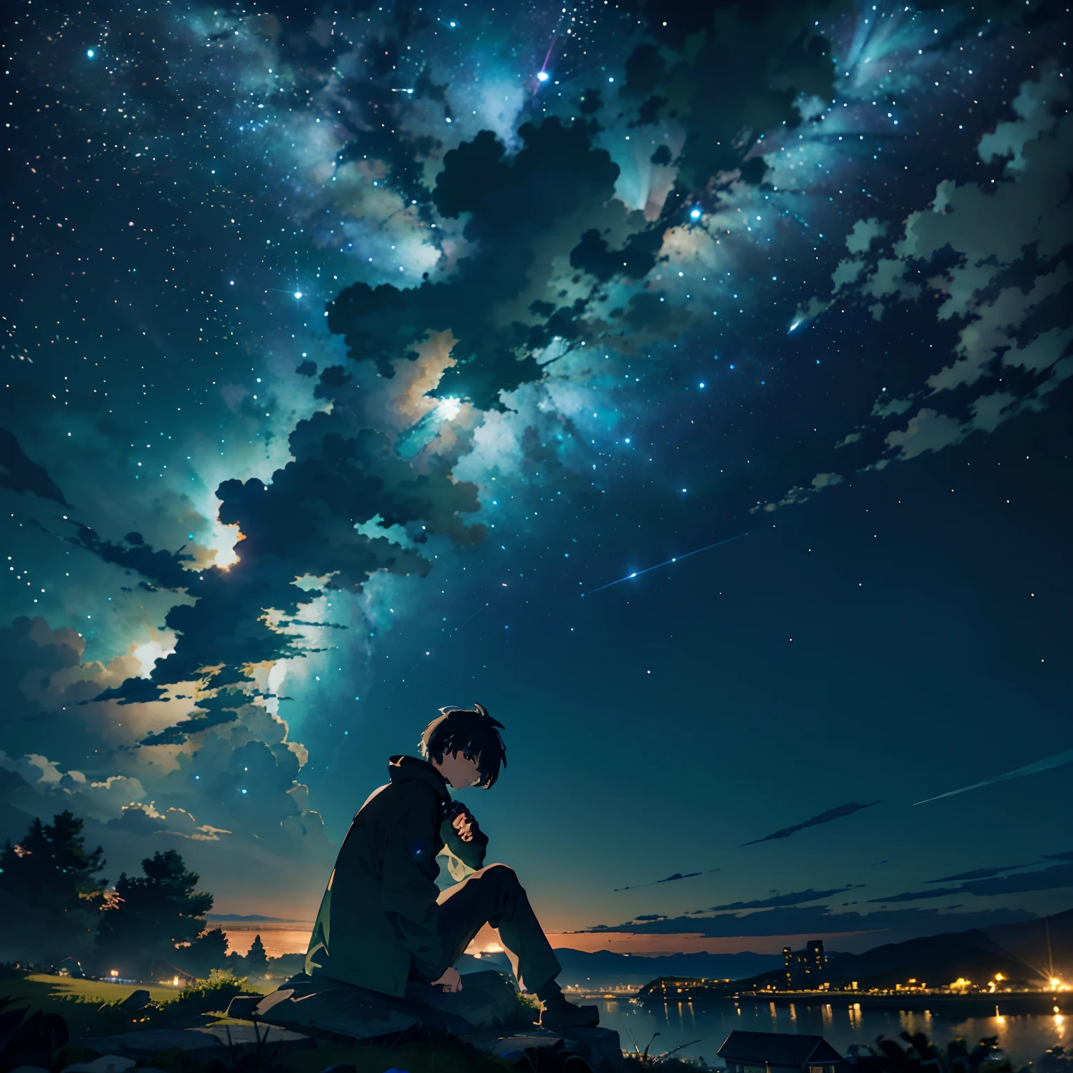 Octanes, The sky, Star (The sky), scenery, a starry sky, the night, 1guy, short straight black hair, brown eye, white  shirt, Black pants, dark green coat, night  sky, 独奏, En plein air, Cloud, sitting, a tree, silhouette, 20th century, pretty face, Rural landscape