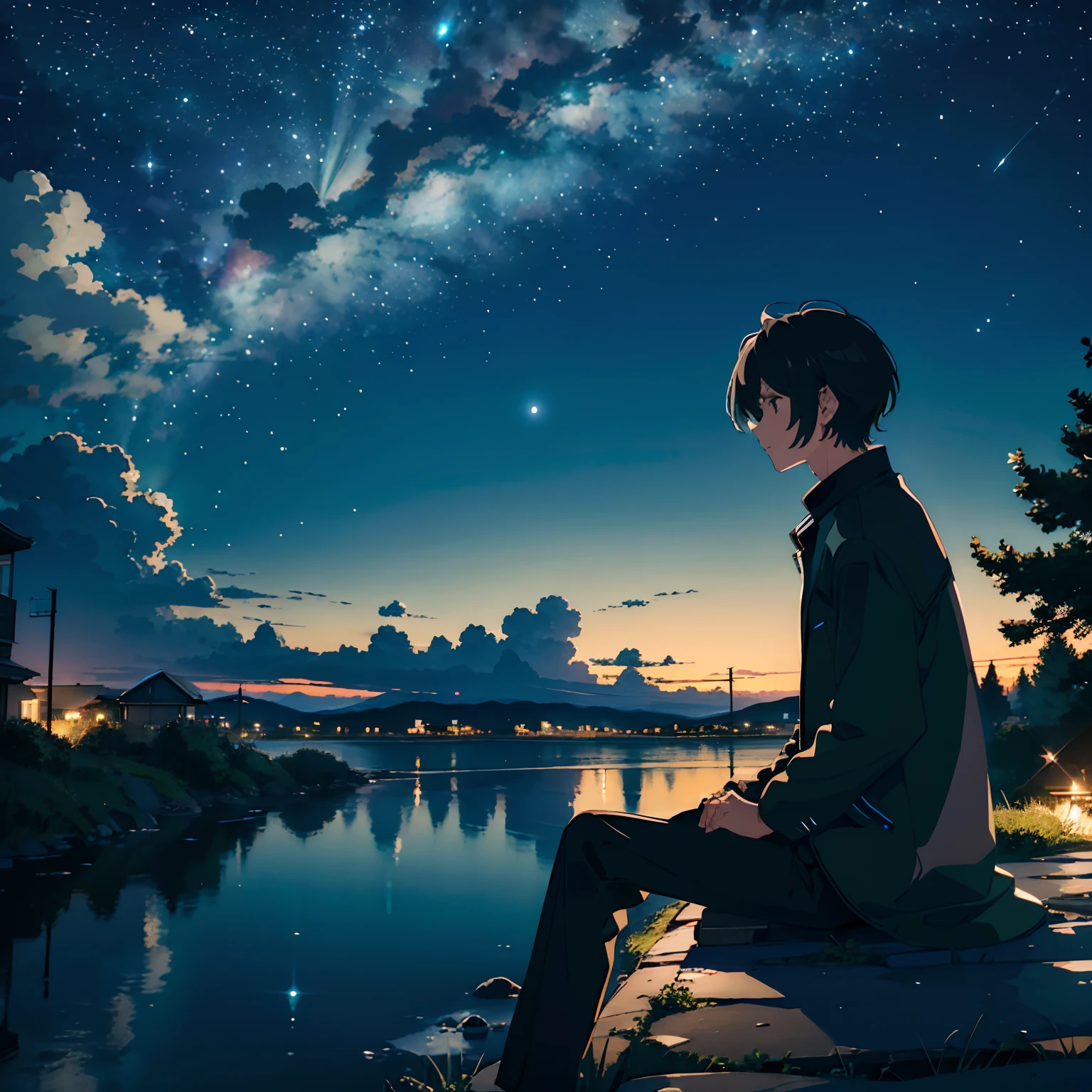 Octanes, The sky, Star (The sky), scenery, a starry sky, the night, 1guy, short straight black hair, brown eye, white  shirt, Black pants, dark green coat, night  sky, 独奏, En plein air, Cloud, sitting, a tree, silhouette, 20th century, pretty face, Rural landscape