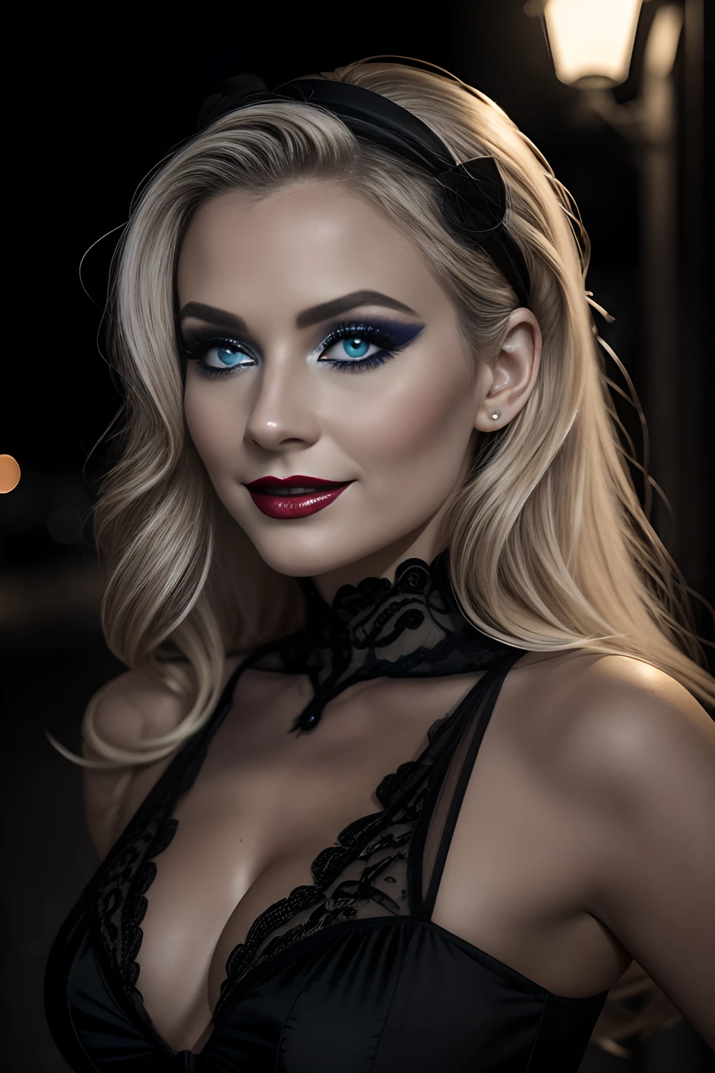 (Selfie, plan: 1.4), (Right half of the body: 1.4), RAW UHD portrait photo of a 24-year-old blonde European woman (Femme aux yeux bleus) marcher dans une ruelle sombre, Halloween Costume, Ville la nuit, (rocher), (encolure), specifics (tissu! , cheveux! , briller, couleur!! , disadvantages: 1.1), Bright eyes with a high level of detail (staring into the camera), SLR lighting, Appareil photo reflex mono-objectif, ultra quality, re sharpness, profondeur de champ, Filmkorn (milieu), Fujifilm XT3, Limpide, Rahmenmitte, beau visage, mise au point nette, street lamp, Neonbeleuchtung, Bokeh (dimly lit), Nuit, (Ciel nocturne), detailed skin pores, peau grasse, coup de soleil, intricate eye details, corps entier entier, gros seins, souriante, flirts with the camera, Dressed in a ghost Halloween costume , Halloween Ghost, maquillage halloween, sourire, (Marilyn Monroe:0.2)
