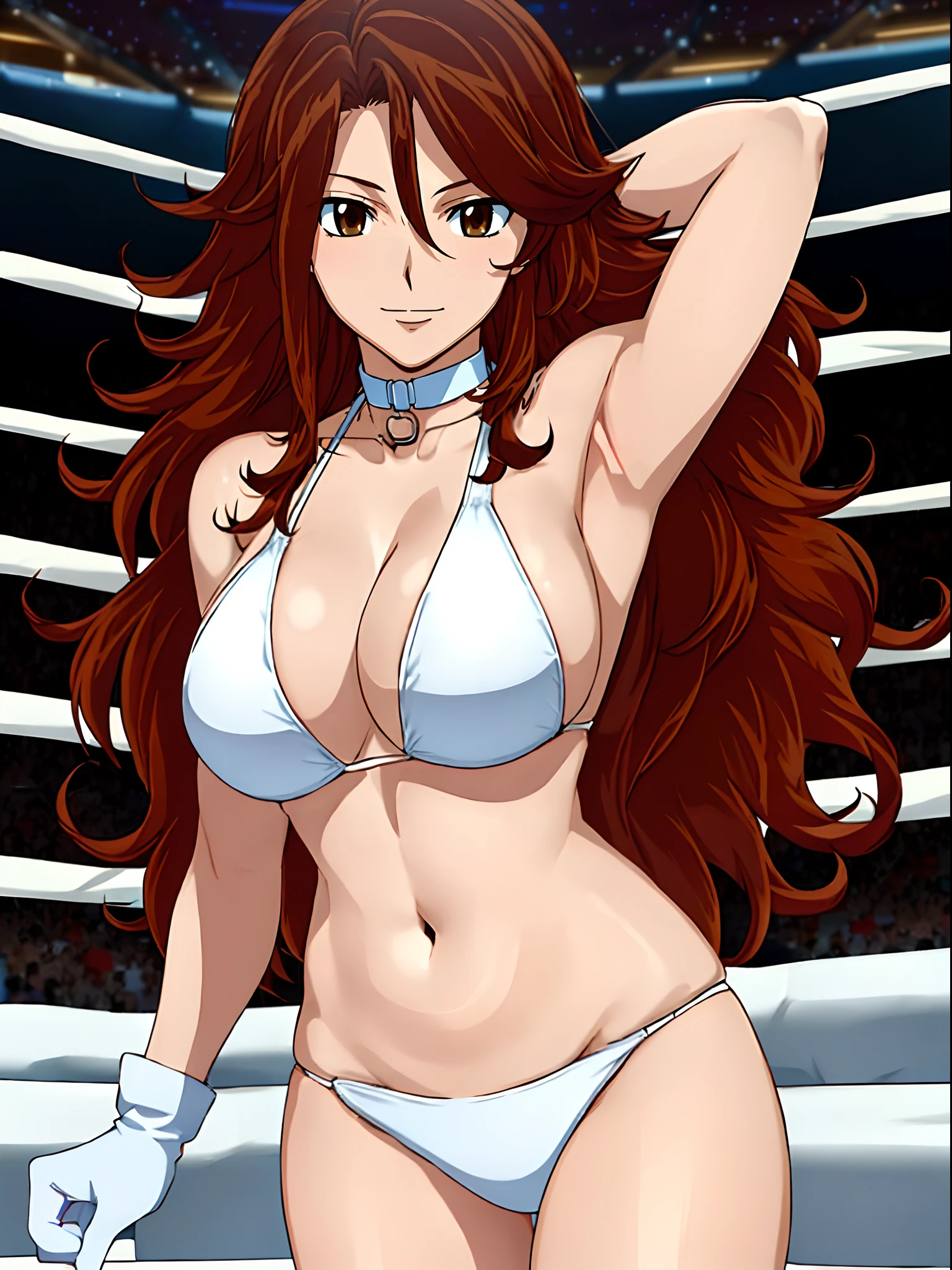 hug, Elegant lady, (upper body only), anime style: 1.8, anime drawing, ultra detailed face, ultra detailed body, 4k, Sumergai Lee Noriega, (standing), best quality, anime style, hires, highest definition, digital blending, bold drawing lines, ((wwe diva), (location: wrestling arena, crowds watching), ( slim body, (little biceps), , off-shoulders, closed fists, (curvy: 2.8)), ((white bikini, only, white gloves, collar, armpit protector, socks)), victorious, winner, gentle, (pale skin, shiny skin, very big breasts, smile), (big eyes, brown eyes), (clapping), (brown hair, loose hair, curly hair, wavy hair, long hair, missy hair), 27 years old,