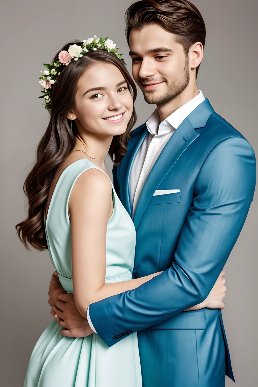 (man and girl hug:1.2),man looking at girl,(The girl looks at the camera),(white backgrounid:1.2), girl with green pastel dress,man with blue pastel suit,Bouquet in the hands of a woman,simplebackground,delicated,There are flowers on the head to decorate,elegant boy,Cute girls,two guys,cheerfulness, show contrast between color palette