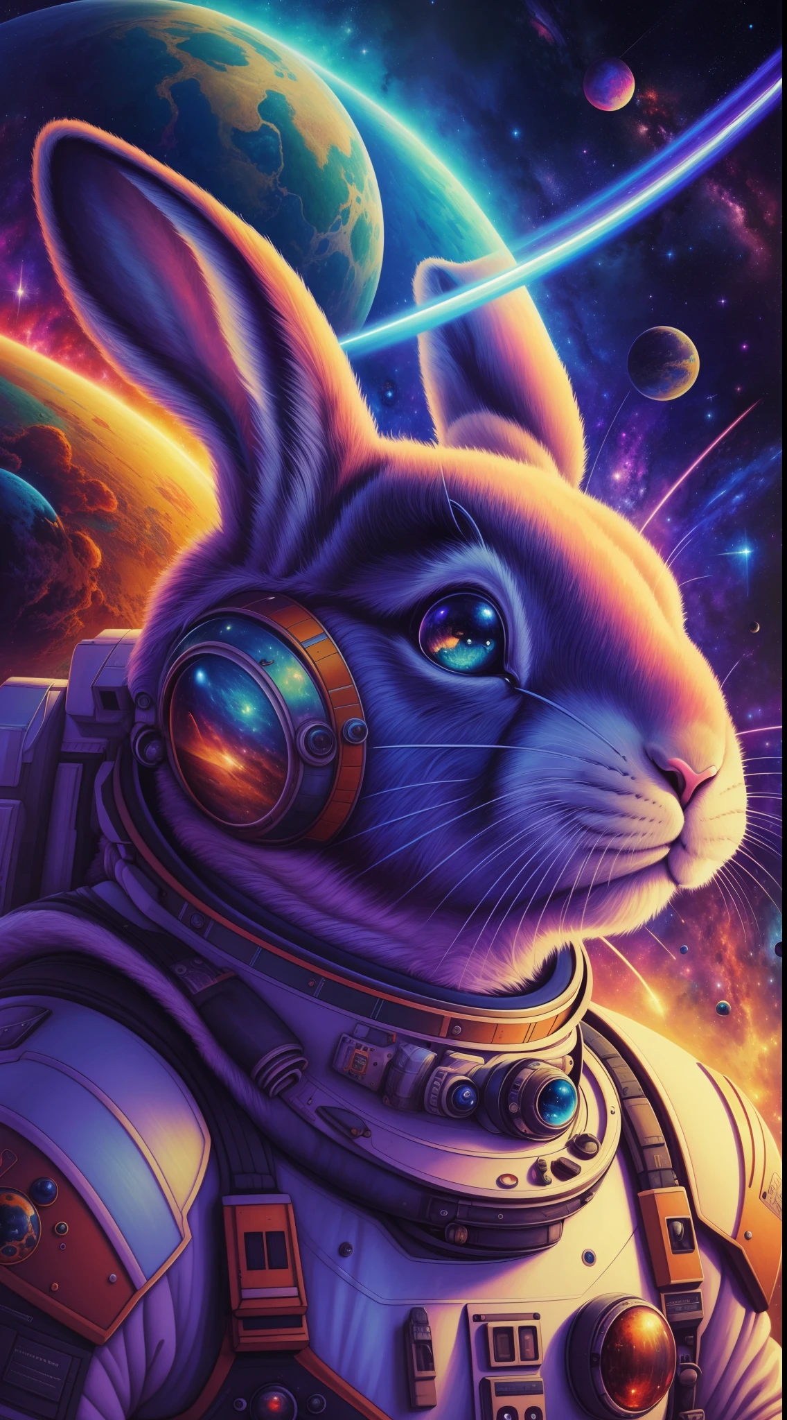 "(best quality, highres, masterpiece:1.2), realistic, detailed, vibrant colors, sci-fi, space exploration, detailed fur, expressive eyes, adventure, futuristic technology, astronaut rabbits, interstellar landscape, epic journey, high-tech spaceships, otherworldly planets, surreal atmosphere, cosmic wonders, mysterious galaxies, vast universe"