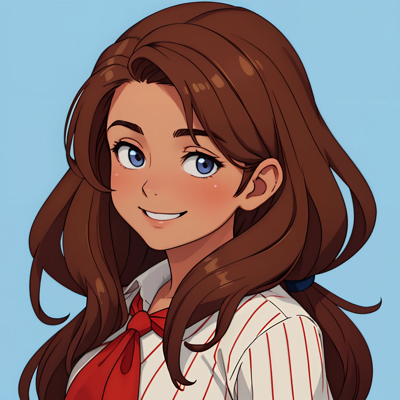 abby Shapiro , bust, tan skin, brown hair, long hair, red neckerchief, large breasts, head cocked, sweaty, small smile, white pinstripe shirt , masterpiece, best quality solid blue color background