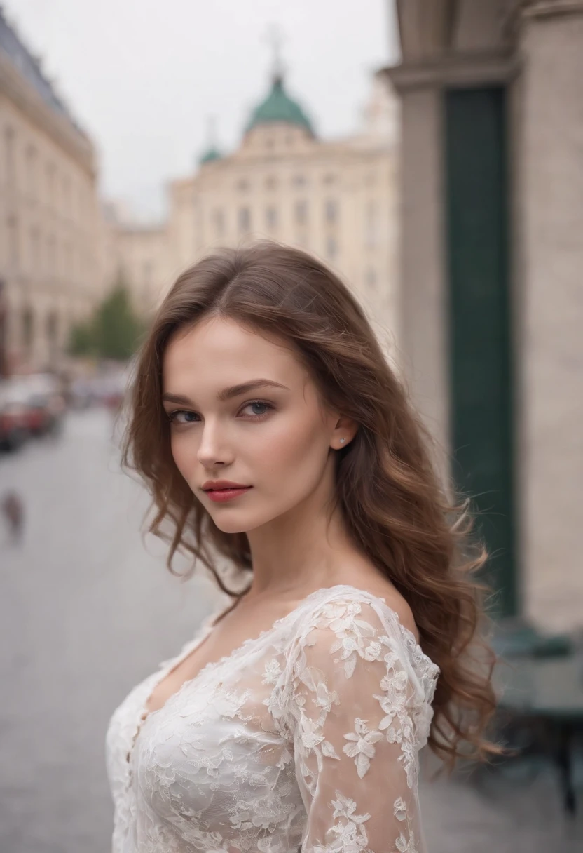 (Russian women:1.3), (Very slim, long curly hair:1.2), (15 years, walks through the city:1.4), Very beautiful Russian young girl,Very slim, in shiny underpants, Transparent White Lace Blouse, русая, Alluring posture, Instagram models, Leaning over the table