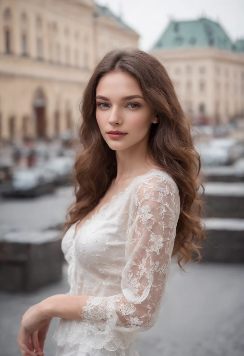 (Russian women:1.3), (Very slim, long curly hair:1.2), (, walks through the city:1.4), Very beautiful Russian young girl,Very slim, in shiny underpants, Transparent White Lace Blouse, русая, Alluring posture, Instagram models, Leaning over the table