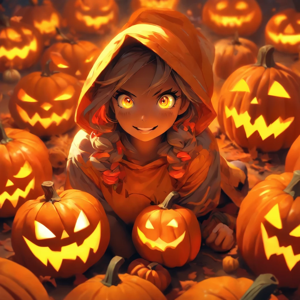 chica pelirroja ojos claros, gamer, cuerpos exuberantes con ropa de gamer, piel clara con disfraz de noche de halloween. muy realista, Halloween-style abitation with pumpkins and scary dolls.