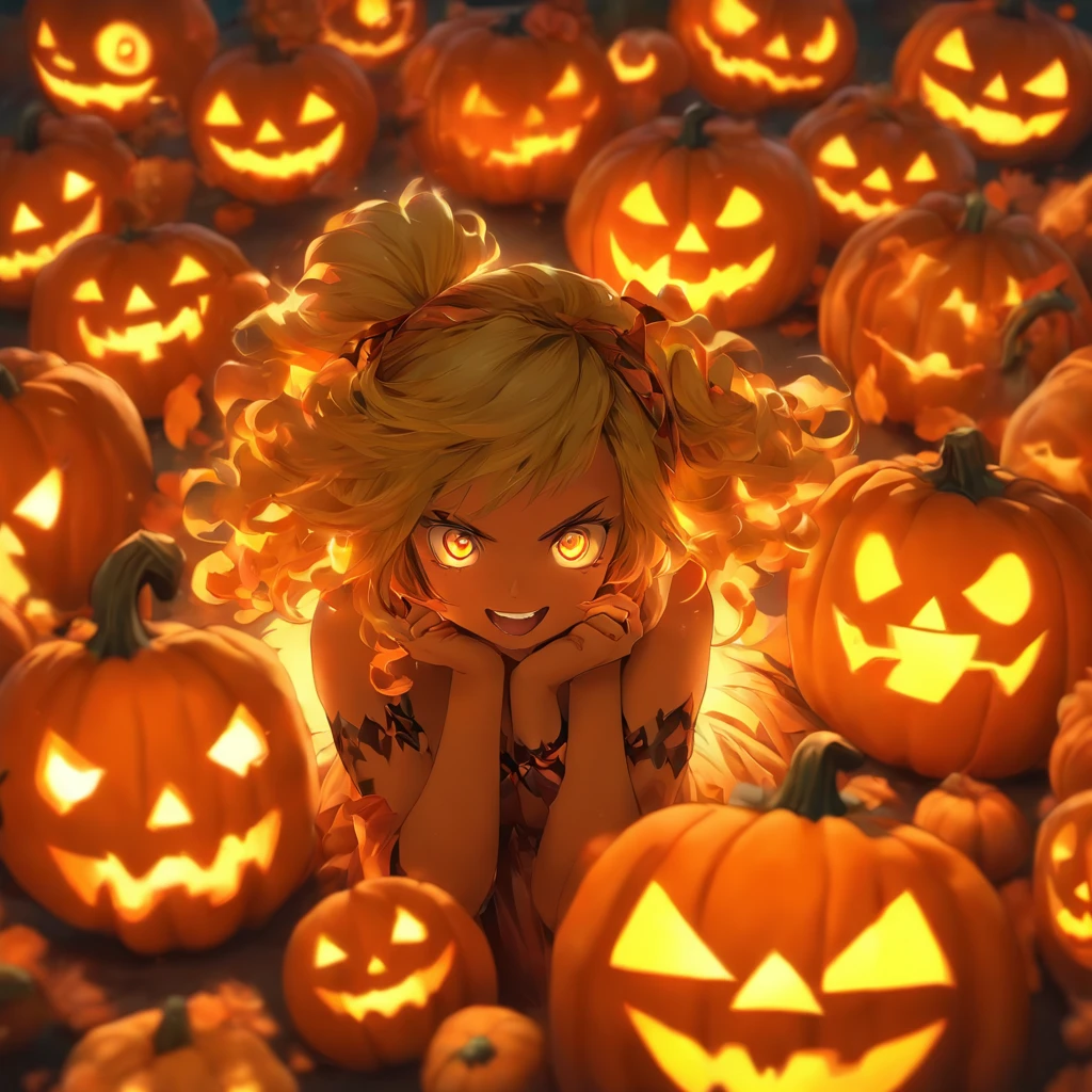 chica pelirroja ojos claros, gamer, cuerpos exuberantes con ropa de gamer, piel clara con disfraz de noche de halloween. muy realista, Halloween-style abitation with pumpkins and scary dolls.