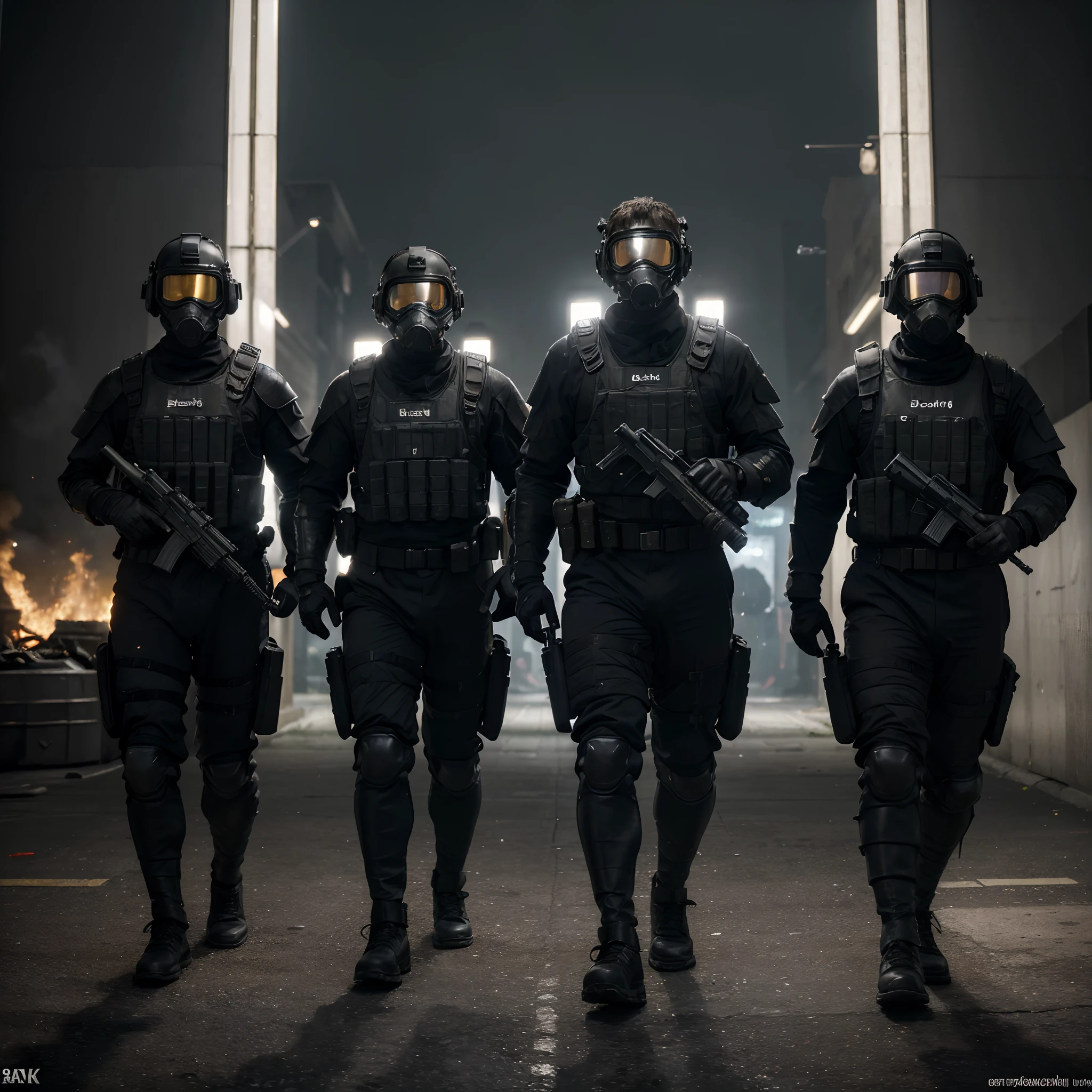 (extremely detailed 8k wallpaper), masterpiece, dark theme, adult theme, (((many elite military squad men in operation))), black suit of real special operations, machine guns, helmets with sensors and night vision, invading docks, dramatic lighting