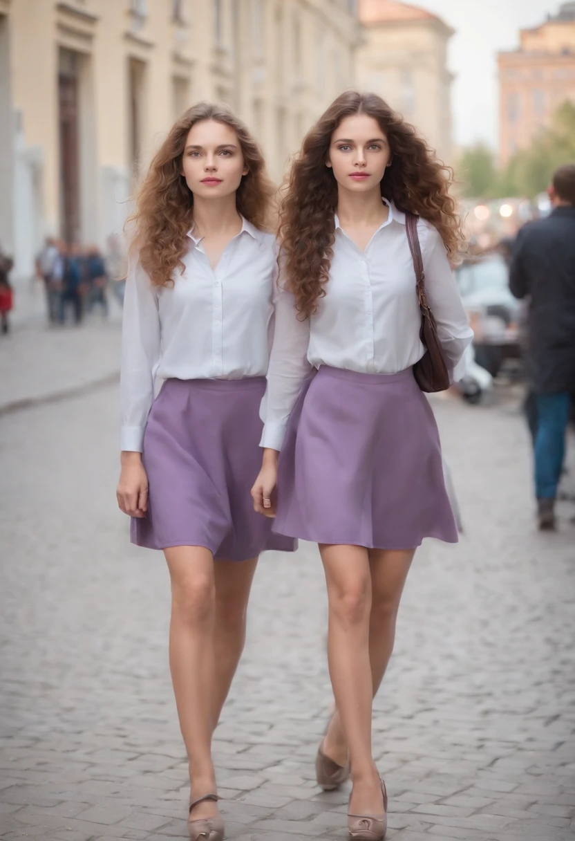 (Two Russian girls:1.3), (Very slim, long curly hair:1.2), (15 yeas through the city:1.4), Very beautiful Russian young girl,Very slim, in shiny purple briefs , русая, Alluring posture, Instagram models, Leaning over the table