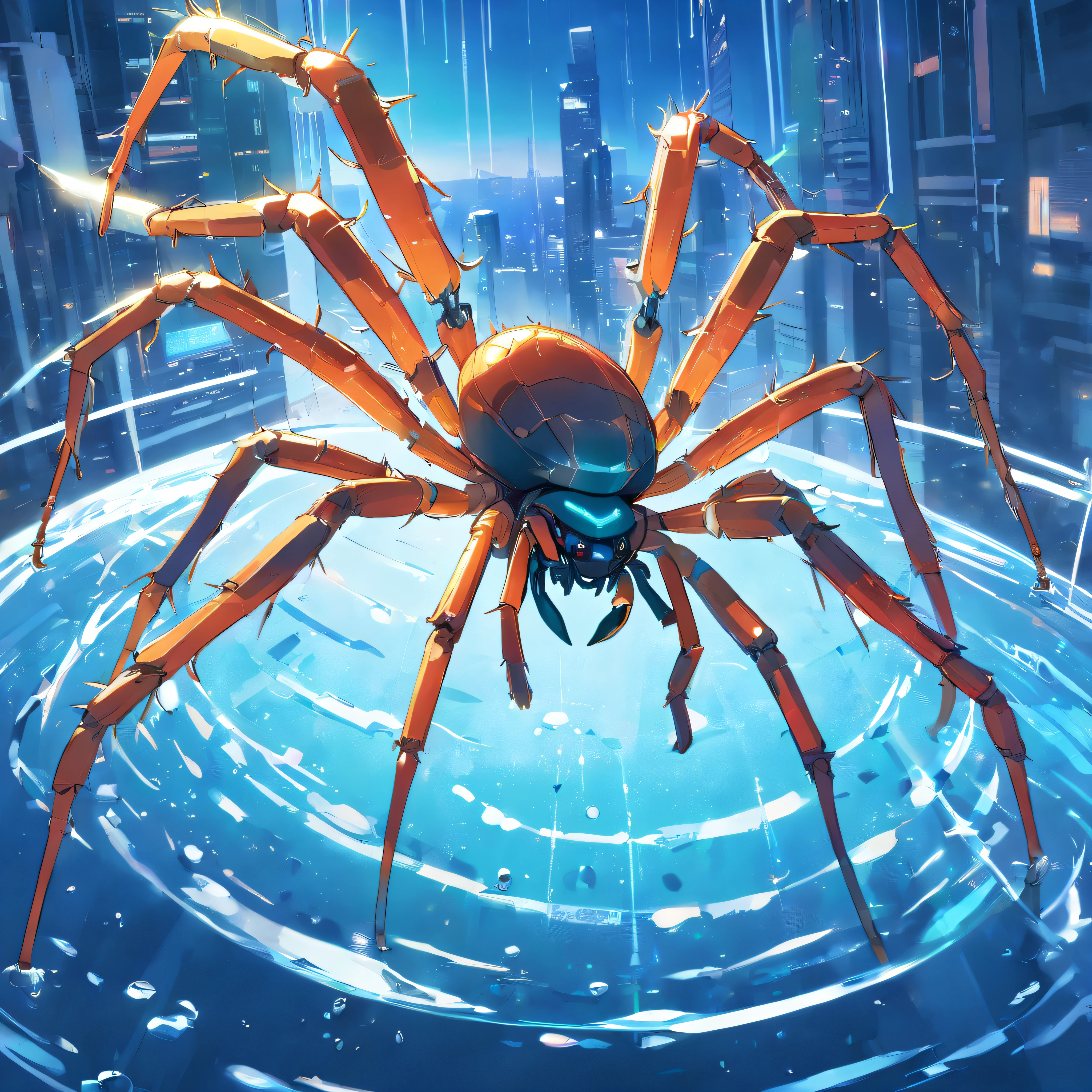 A cybernetic spider is being kept in a drop of water