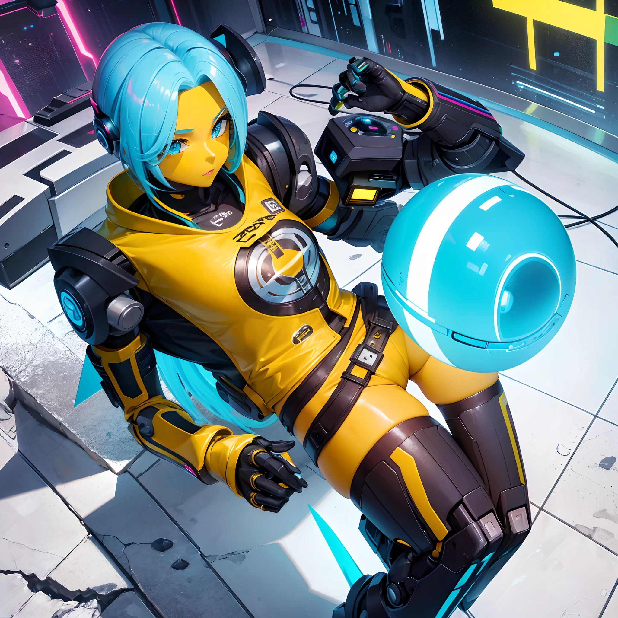 Cyber futurista, chica, cuerpo perfecto, brazo robot, ciudad colorida, colores variados, piel perfecta