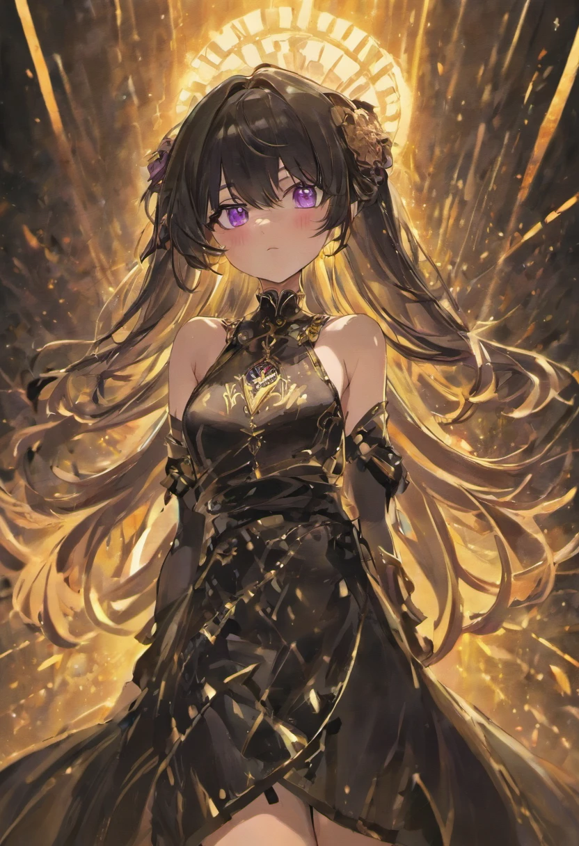 black shiny hair,purple eyes,glowing eyes,shadows beneath eyes,long hair,half closed eyes,bare midriff,navel,ferronnières,black transparent veil,black slaveless top,black velvet hip scarf,golden neck bracelet,golden earings,