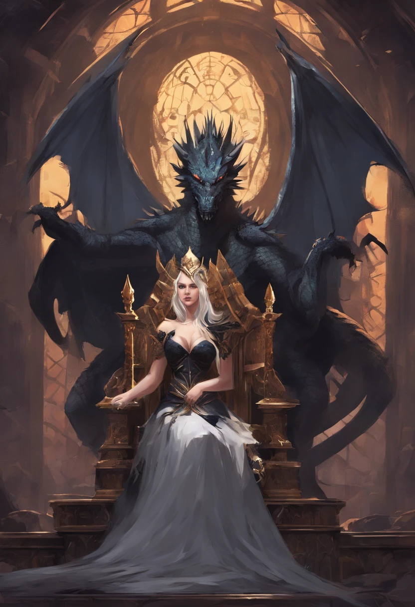 mythology, dragon slayer queen siting on throne, age 21, dressed in black, sexy, big breasts, cleavage, posing