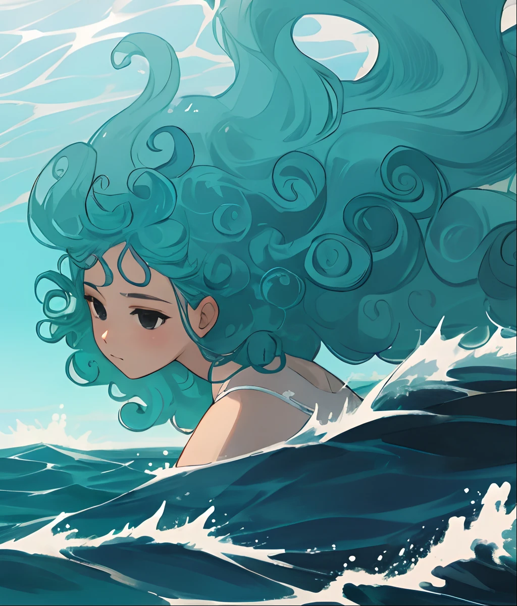 Ocean Spirit, curly hair, blue, teal, black eyes