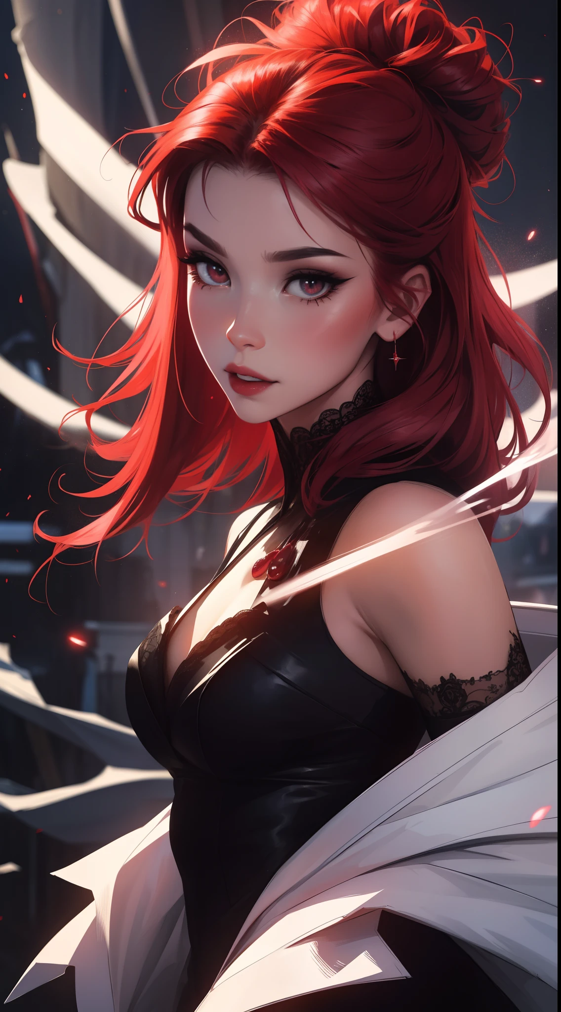 Vampire, yeux rouge rubis, Divinity, (particles effects around his head,  beaucoup de particules effect) tatouage, maquillage, Paysage de nuit qui passe, Une belle fille avec, UHD Portrait, (High quality) (ultra details) Regarder le spectateur en tenue de ville de style hip-hop; different, colourfull, cheveux longs blanc 🌈