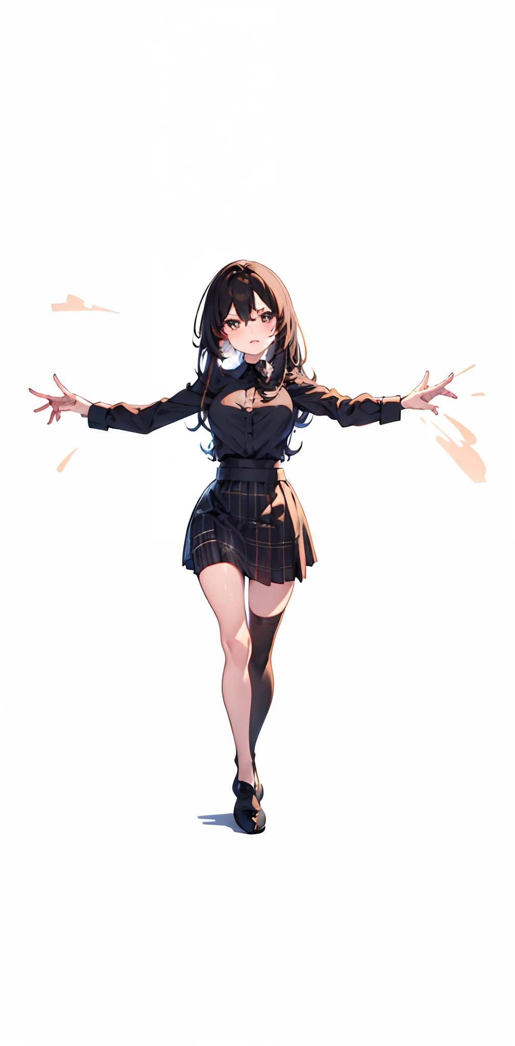 1chica, cabello negro, ojos rojos, camisa negra, camisa negra, Checkered skirt, Grid skirt, manos extendidas
