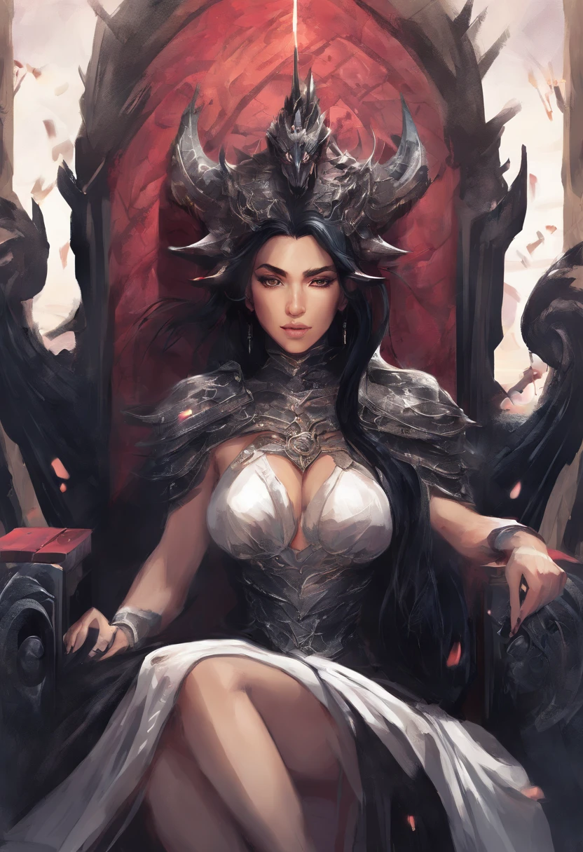 mythology, dragon slayer queen siting on throne, age 21, black hair, short black tight dress, sexy, big breasts, cleavage, posing