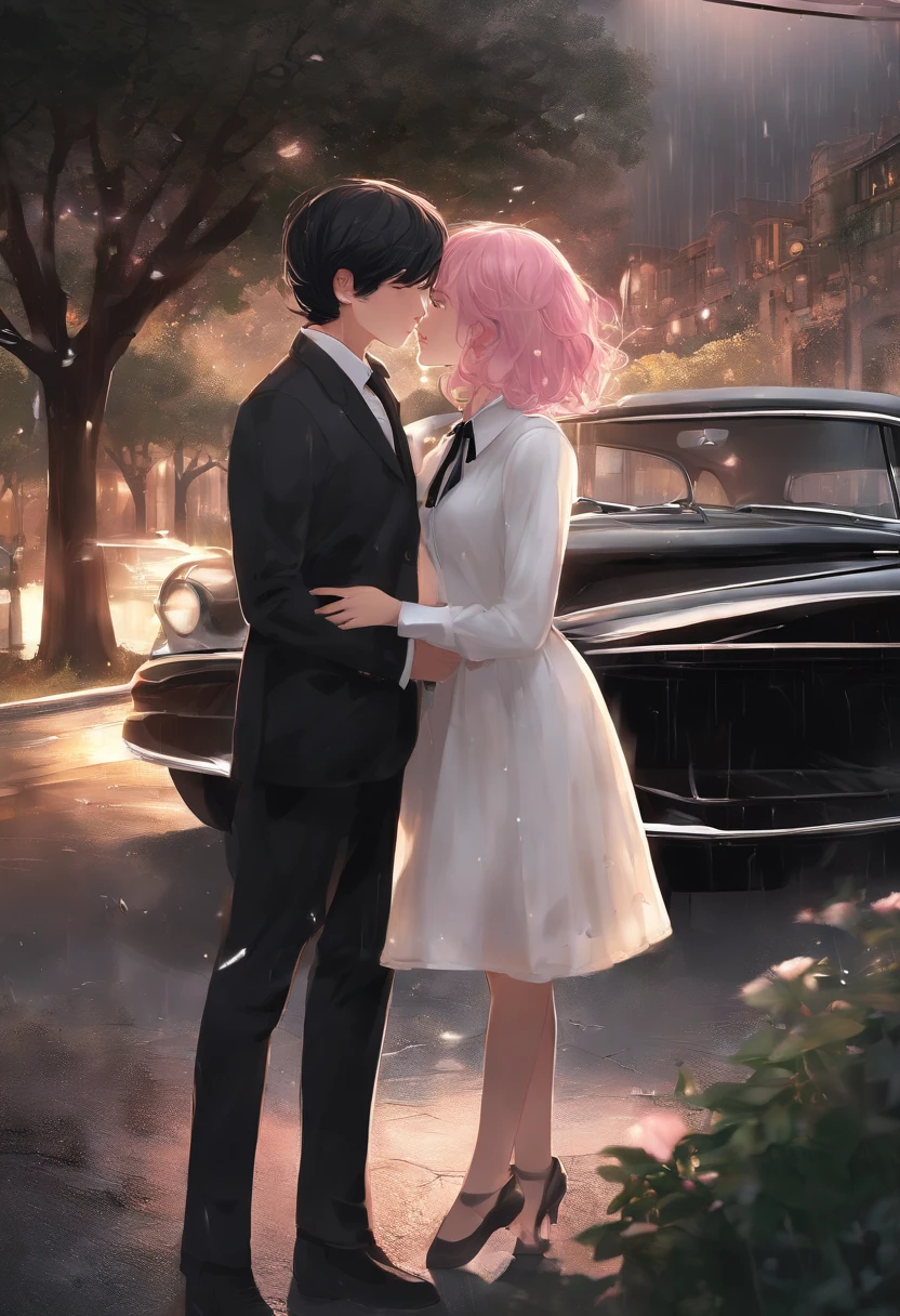 Masterpiece, best quality, super detailed, illustration, beautiful detailed eyes, close up, with a boy and a girl. It was pink hair, white pleated shirt, cracked button on the chest, skirt. The boy is black hair, black suit, black pants. Boys and girls kissing in car, heavy rain weather