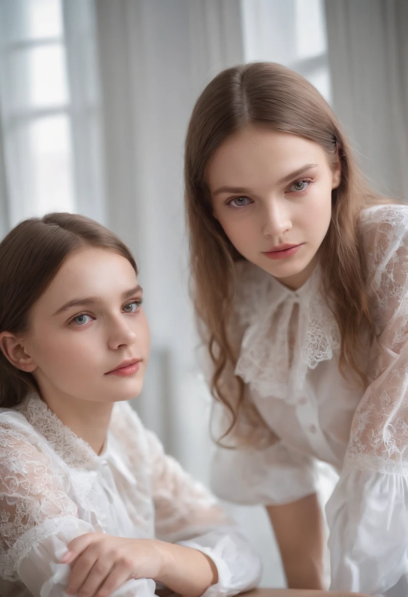 (Two Russian girls:1.3), (Very slim:1.2), (12years:1.4),
Very beautiful Russian young girl,Very slim, in shiny underpants,
Transparent White Lace Blouse, русая, Alluring posture, Instagram models,
Leaning over the table