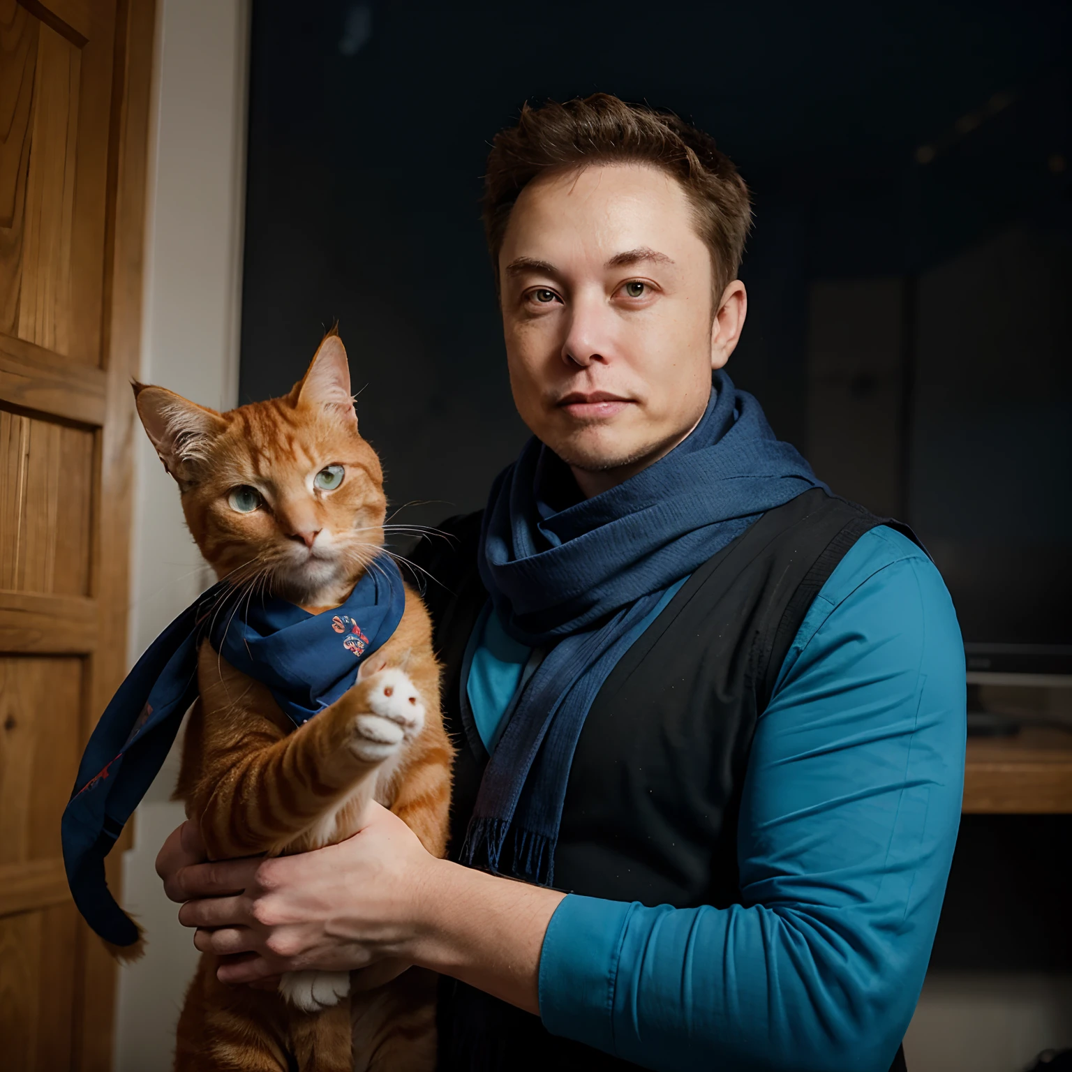Elon musk with a Ginger cat, the Ginger cat Is wearing a blue scarf and have a blue pinwheel toy