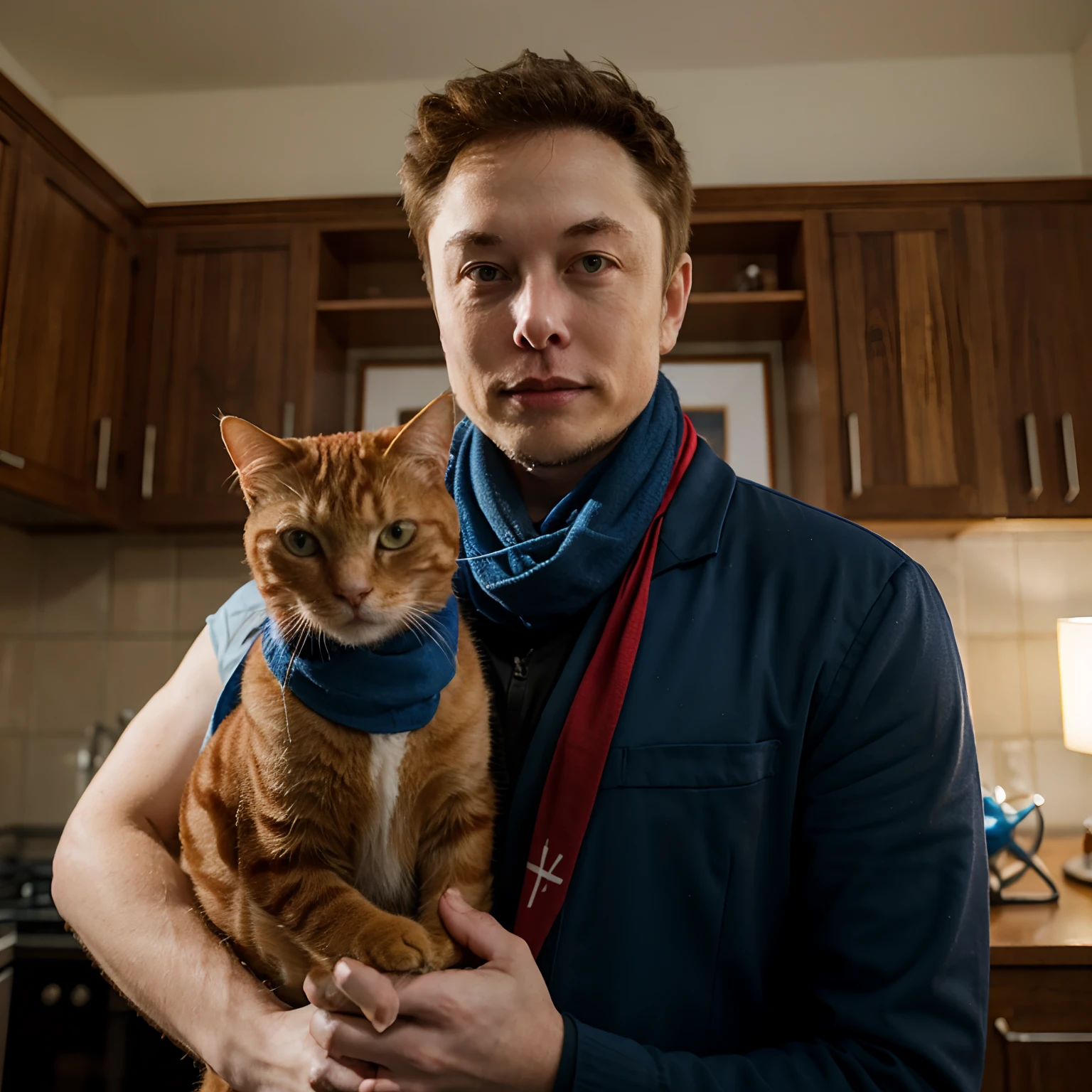 Elon musk with a Ginger cat, the Ginger cat Is wearing a blue scarf and have a blue pinwheel toy