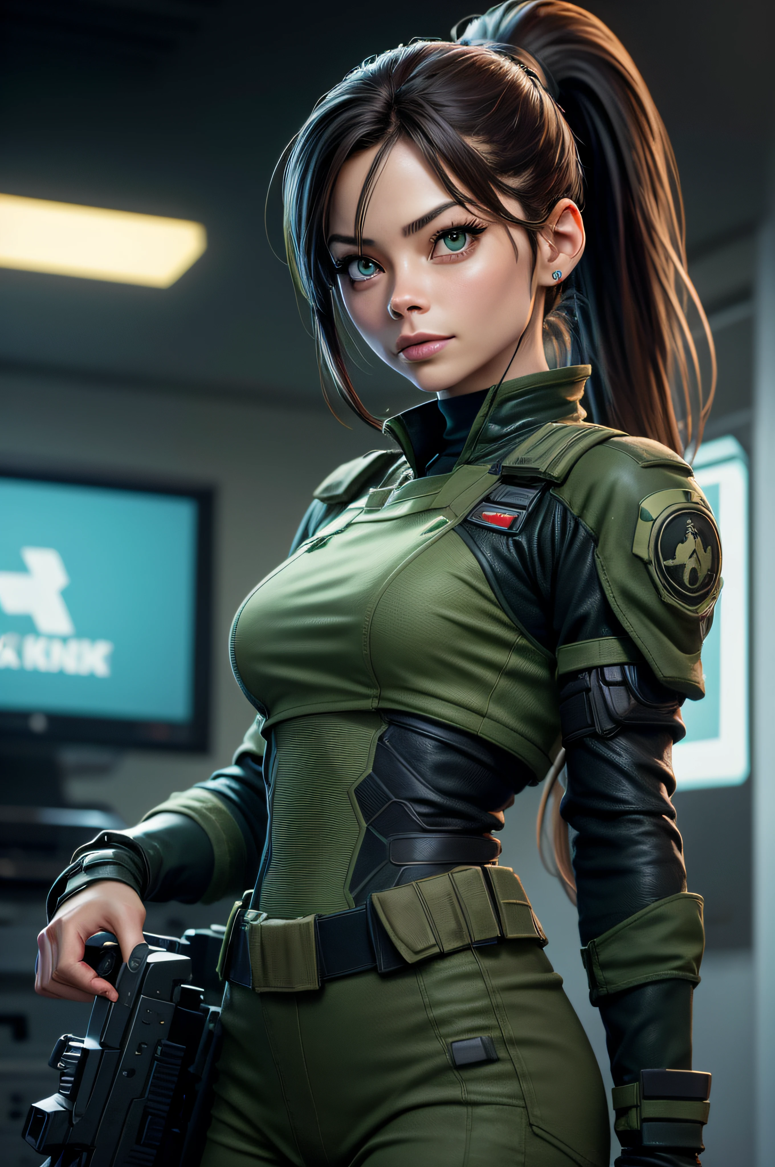 Kristin Kreuk with a ponytail and green eyes as a Soldats de l’armée de science-fiction, Cyberpunk, corps entier, 8k, cinematic, couleur camouflage