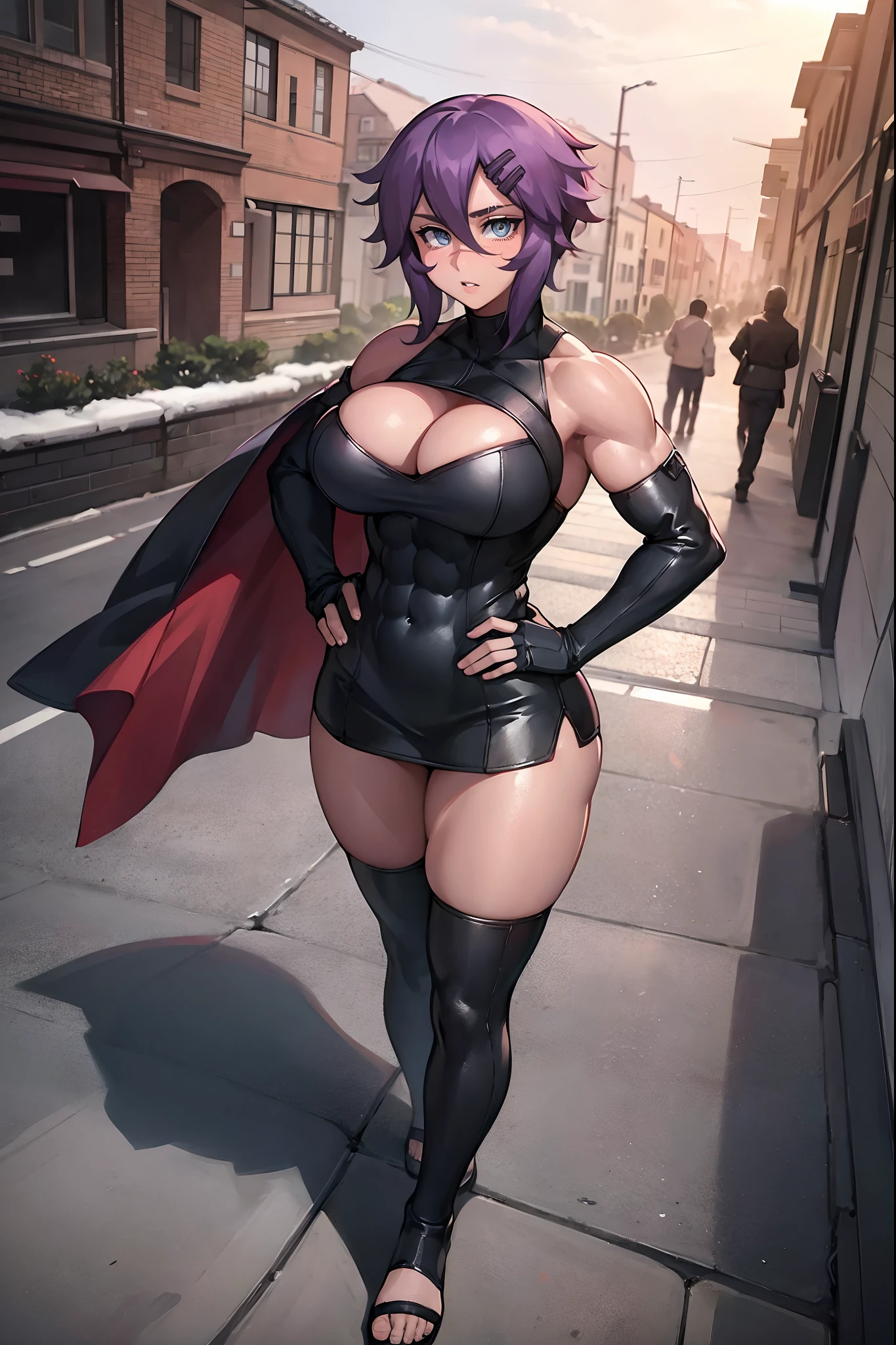 (masterpiece, best quality), outdoors,medieval, european cityscape in 1400, alley, night, 1girl, solo, MayaRoadi3Manityro, scar on nose, hairclip, short hair,, large breasts, muscular, covered abs, , blush, parted lips, , elbow gloves, grey gloves, bare shoulders, hands on hips, leaning on rail, no humans, full body boots,,cloak, fantastic medieval architecture ,skirt, pantyhose,flipflops,, large skirt, covered breast,mediem breast
, Surrealism, drop shadow, anaglyph, stereogram, tachi-e, pov, atmospheric perspective, 8k, super detail, ccurate, best quality, high quality, best quality, super detail, high details, award winning, highres, 1080P, HD, 4K, 8k, 16k, UHD, retina, masterpiece, ccurate, textured skin