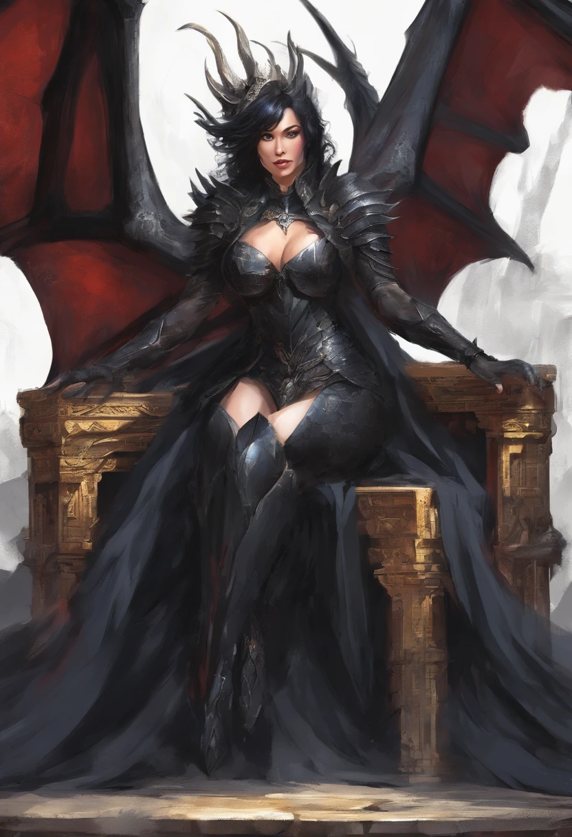 mythology, dragon slayer queen siting on black throne, age 21, black hair, short black tight dress, sexy, (big breasts:1.2) , (cleavage:1.3), posing