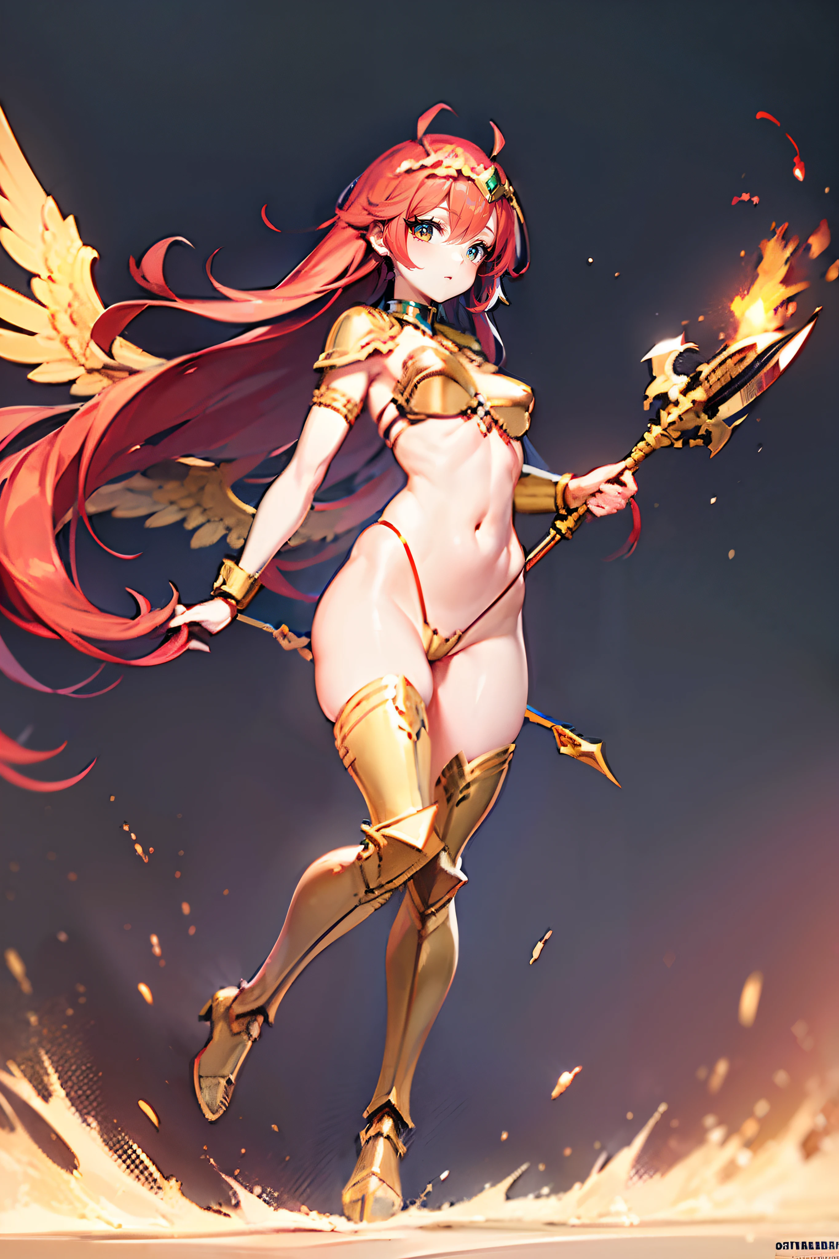 Masterpiece, 4k, high resolution, snowy mountain tops, mountain tops in distance, wind blowing, blizzard (vivid colors), (vivid colors in background)

BREAK

((red headed woman)), (long red hair flowing in wind), ((golden Valkyrie helmet)) ((helmet with wings)), golden breastplate armor, golden bracers on both arms, golden boots, golden undergarments armor, (one green AND one blue eye, ((golden spear)), ((ite body)), (small breasts), nice legs, beautiful face, long flowing red hair