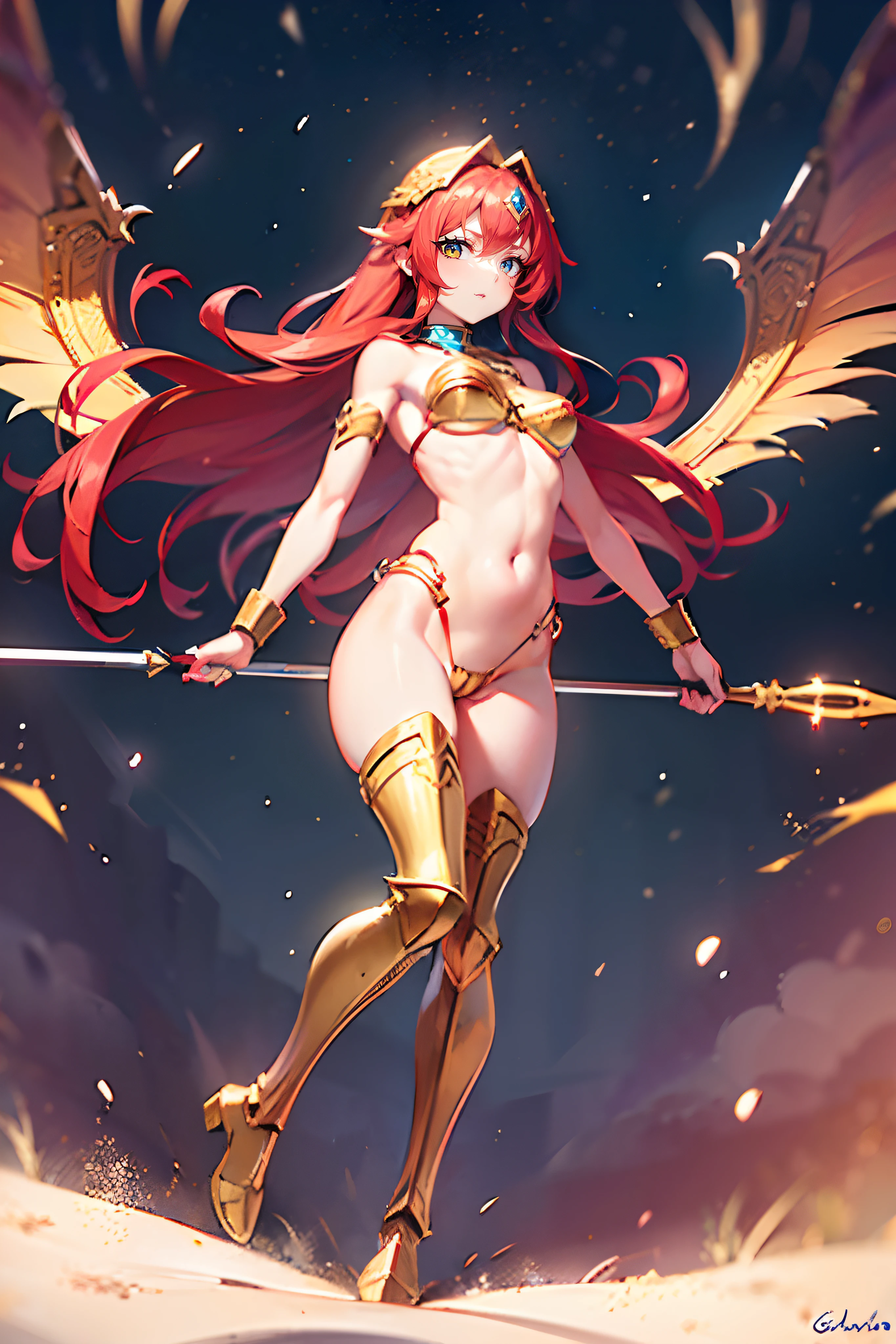 Masterpiece, 4k, high resolution, snowy mountain tops, mountain tops in distance, wind blowing, blizzard (vivid colors), (vivid colors in background)
BREAK
((red headed woman)), (long red hair flowing in wind), ((golden Valkyrie helmet)) ((helmet with wings)), golden breastplate armor, golden bracers on both arms, golden boots, golden undergarments armor, (one green AND one blue eye, ((golden spear)), ((petite body)), (small breasts), nice legs, beautiful face, long flowing red hair