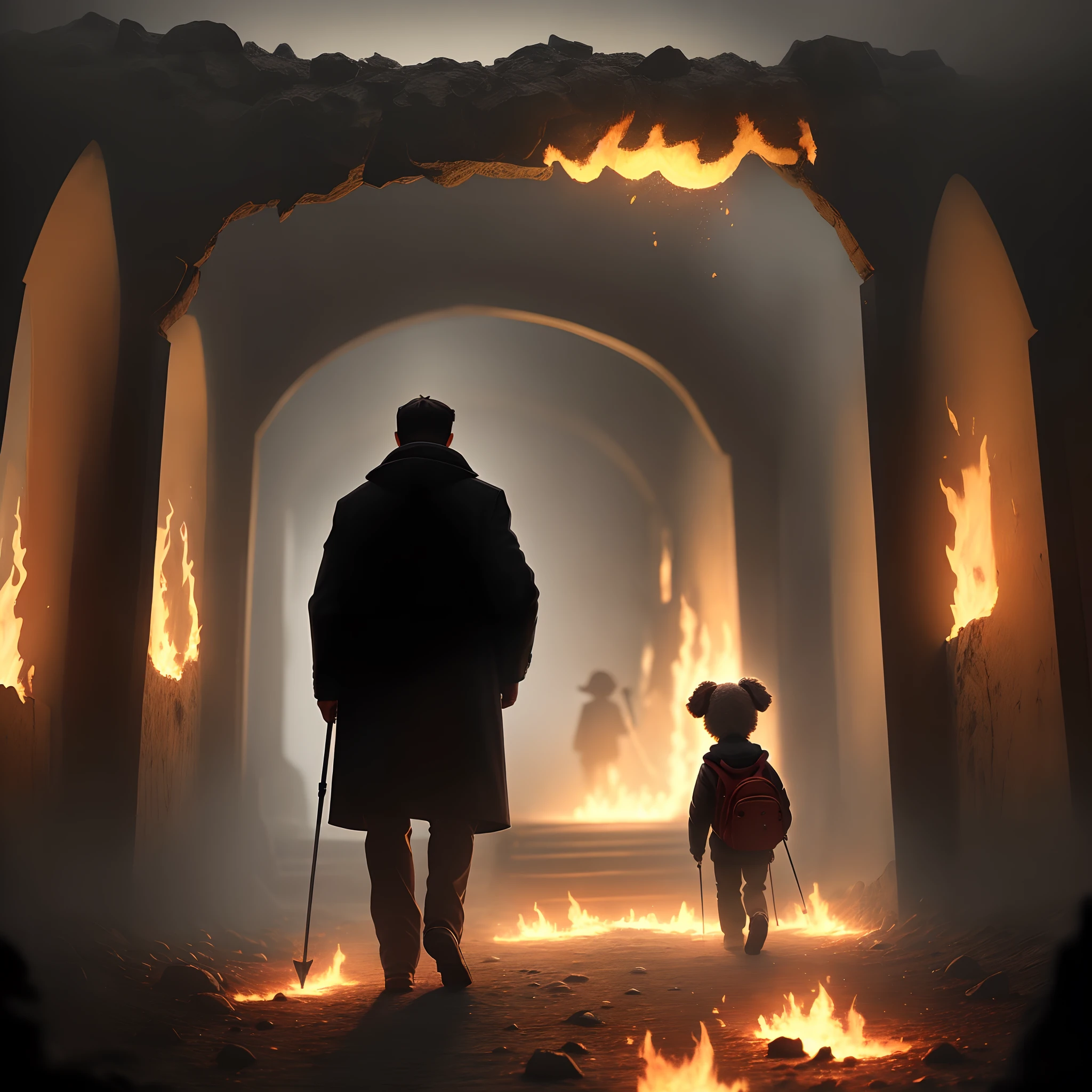 A siloutte of a man is walkiing into the fiery gates of hell and you can see a siloutte of a little toy poodle following him