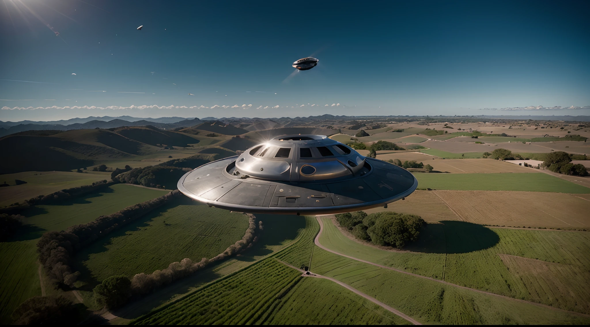 (Alien Frisbee Flies Over A Field In The Morning) VFX surrealista altamente detallado,OC renderizado,Disparo con 70 mm - AR 16:9 --q 2 --s 1000 nave espacial disco volador metalizado VFX surrealista altamente detallado 16K,OC renderizado, Cinnamatographic lighting, en el campo, se comunican con el espacio exterior y otros planetas, Cinematic Morning Lighting (cerca del suelo, por aterrizar, Frisbee Metallic Spaceship, a baja altura), (Alien Frisbee Flies Over A Field In The Morning) VFX surrealista altamente detallado,OC renderizado,Disparo con 70 mm - AR 16:9 --q 2 --s 1000 nave espacial disco volador metalizado VFX surrealista altamente detallado 16K,OC renderizado, Cinnamatographic lighting, en el campo, se comunican con el espacio exterior y otros planetas, Cinematic Morning Lighting (cerca del suelo, por aterrizar, Frisbee Metallic Spaceship, a baja altura) ((Primer plano, muy detallado el fuselaje)), ((se ve entero desde unos metros por arriba, It occupies the entire length of the photograph, Below is the field)), ((View from a top angle, va aterrizando)) ((Isometric Perspective Top Left View)), (((Very high resolution and level of detail)))
