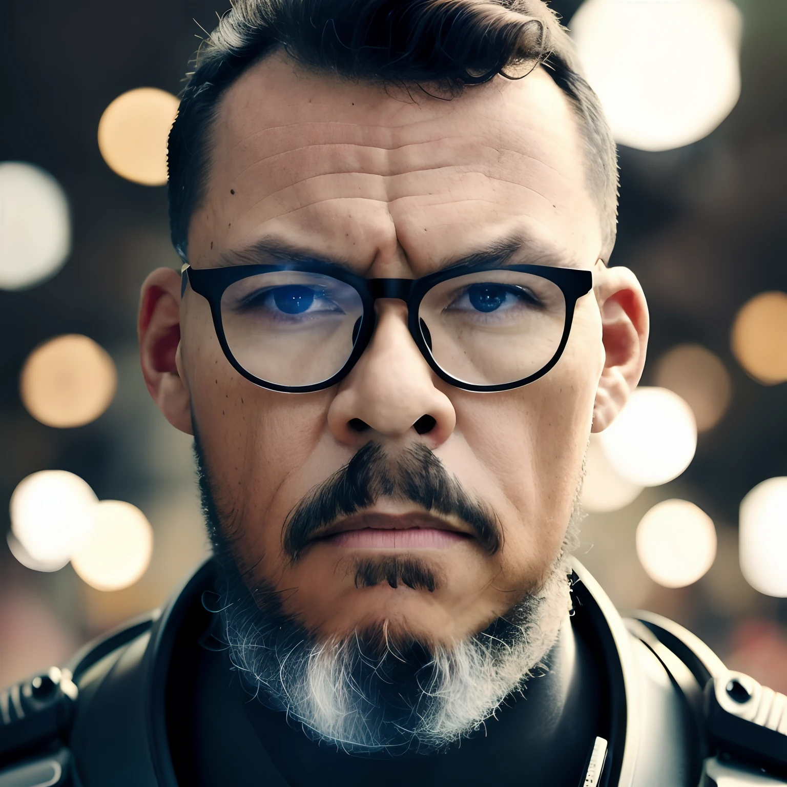 guttojugg1, Portrait photo of muscular bearded guy with glasses in a used mech suit, ((bokeh luz)), intrincado, (steel metal [descansar]), elegante, foco nítido, Foto tirada por Greg Rutkowski, soft lighting, cores vibrantes, (master part), ((Ruas)), (Rosto detalhado:1.2)