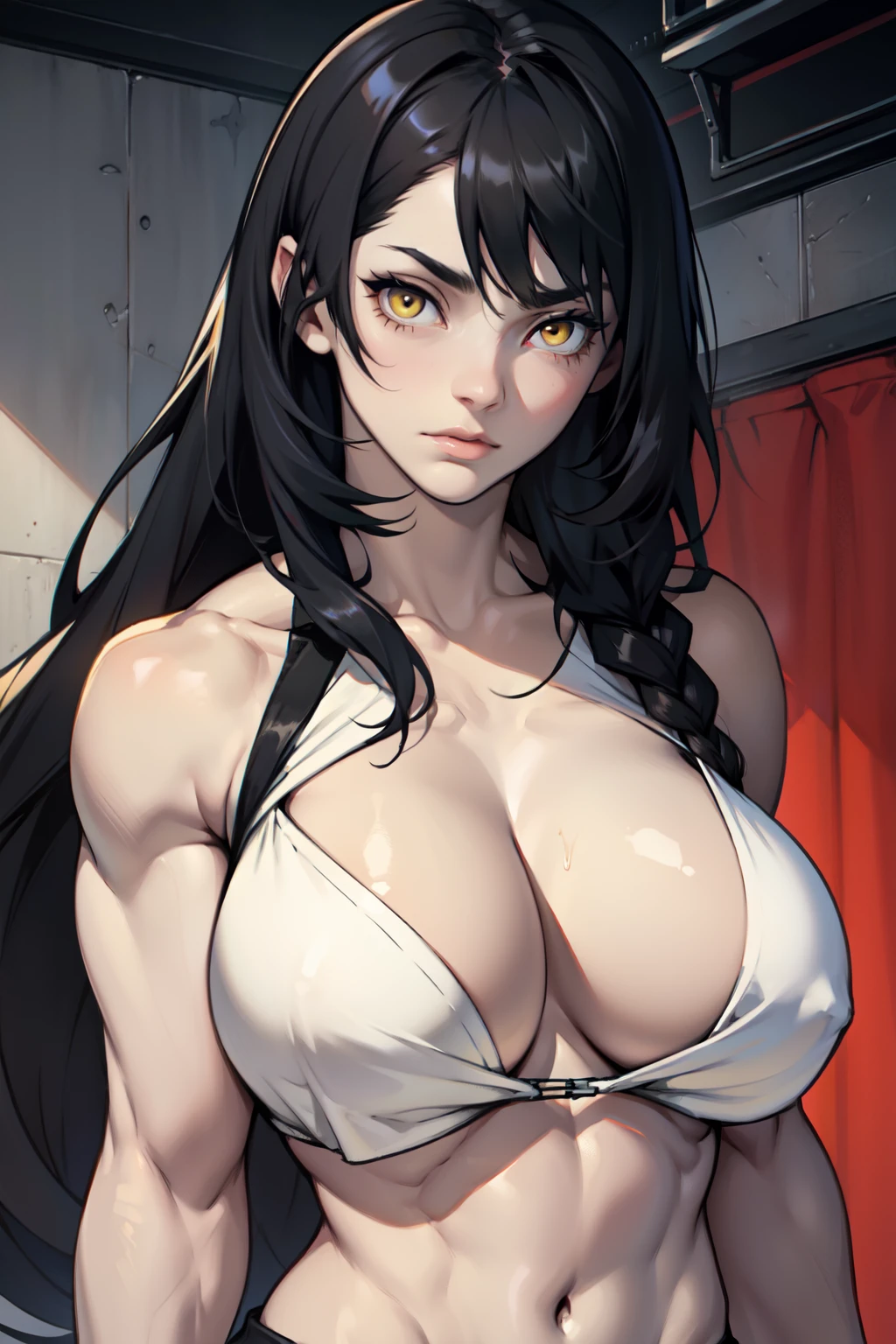 pale skin solo 1girl black hair yellow eyes sad very long hair huge tits toned body muscular bodybuilder